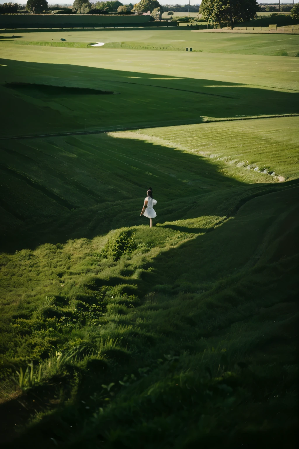 a clean green field with threes in the background