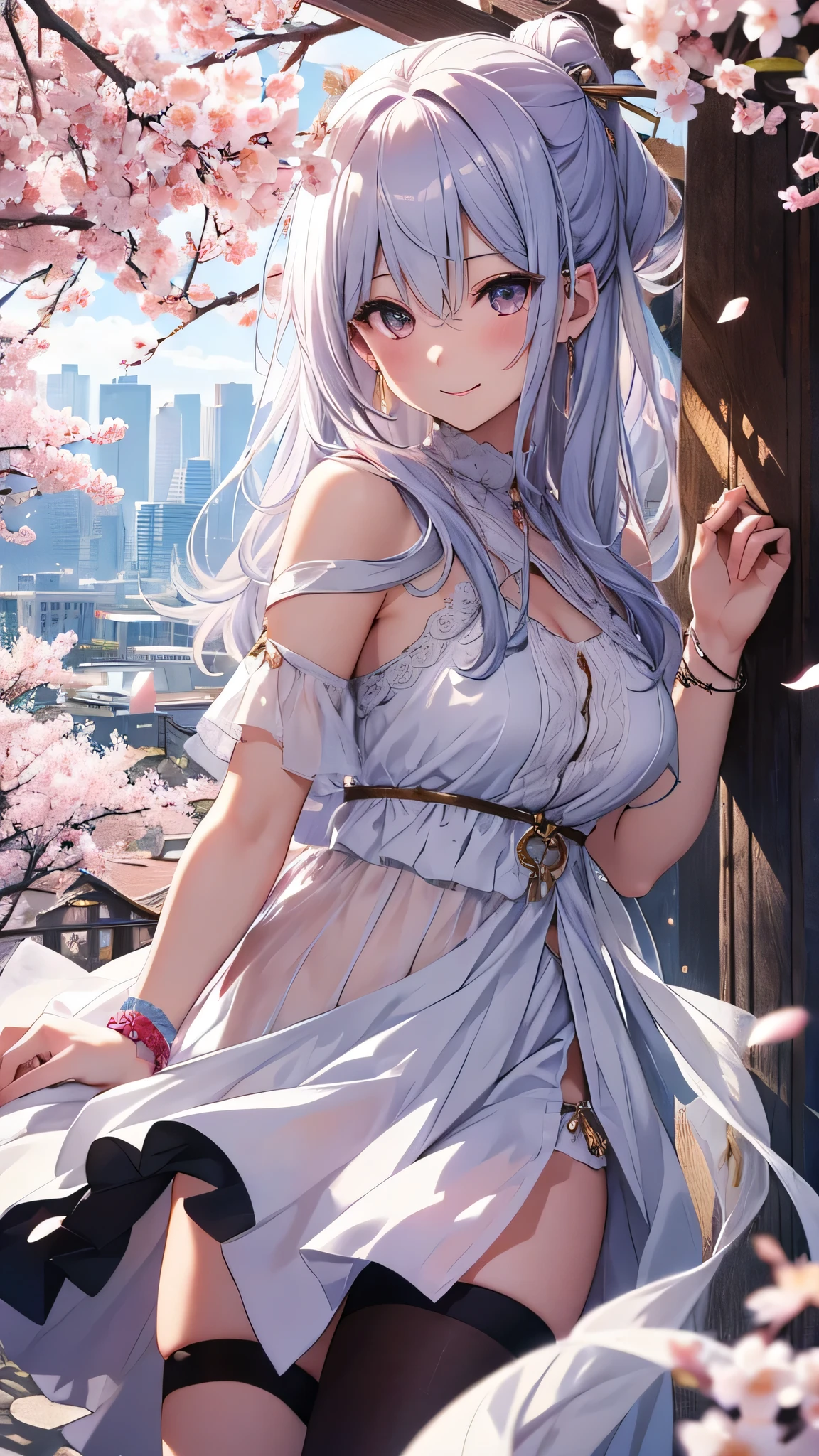 最high quality、best image quality、masterpiece、girl((18-year-old、 By becoming、vest bust、medium bust,wide open breast tea、shining eyes, silver hair、long hair、thin,highest valley、white see-through dress、White short skirt、Wristband、smile、back view、cherry blossom hair ornament、emphasize the buttocks)),high quality、beautiful art、background((SakuraFubuki、Falling cherry blossoms、Cherry tree、beautiful park、square、Cherry Meadow、Wind、))、Flight、debris flies、Depth of written boundary、movie、visual art、perfect art、8K,genuine、