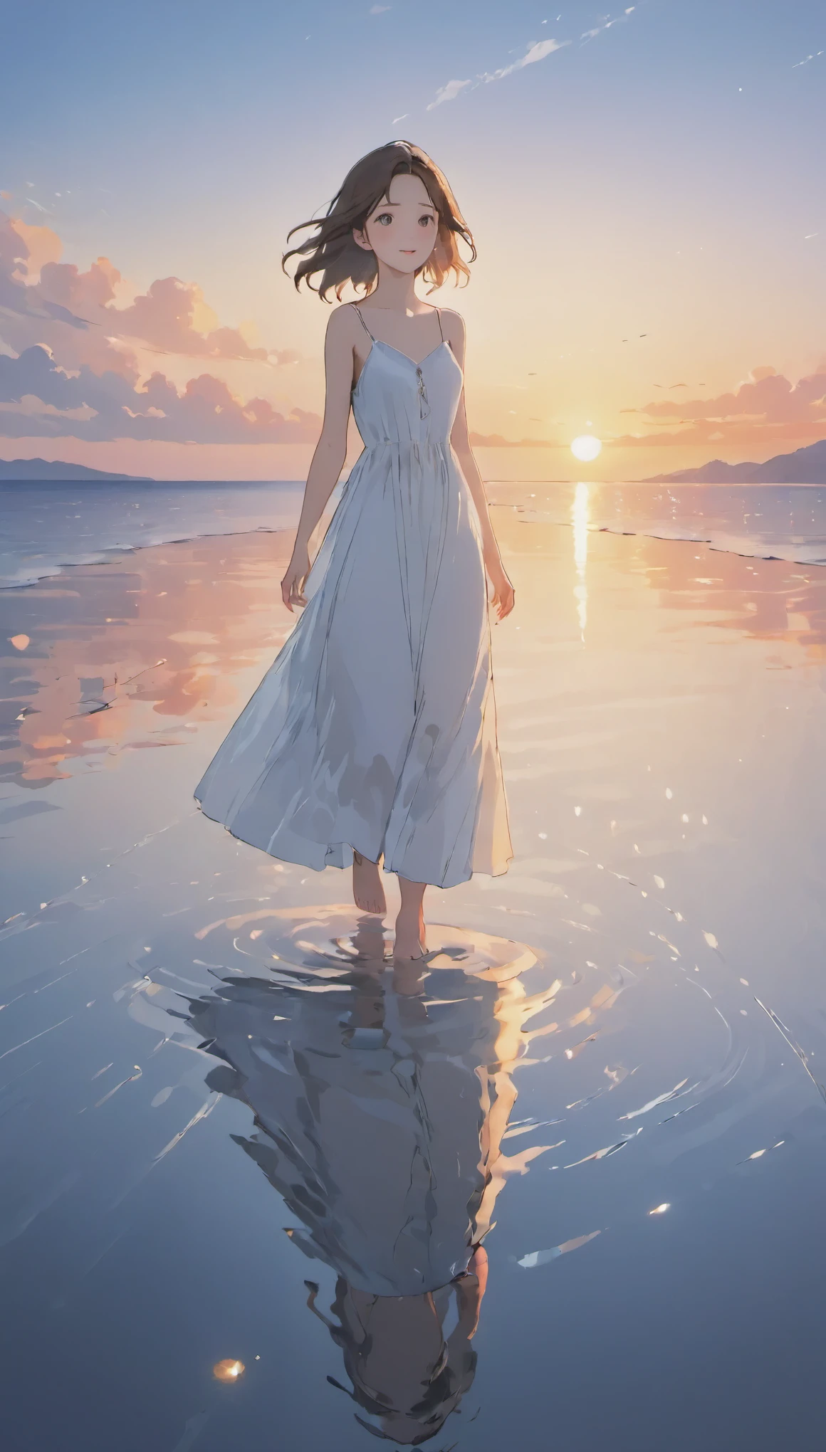 masterpiece, highest quality, movie stills, 1 girl,looking at the viewer、camisole dress、white dress、 Sky reflected on the sea surface、Mirror-like water surface、Reflective water surface、I can see your ankles、barefoot、sunset、beautiful sky, close, bright, Happy, warm and soft lighting, sunset, (spark:0.7)