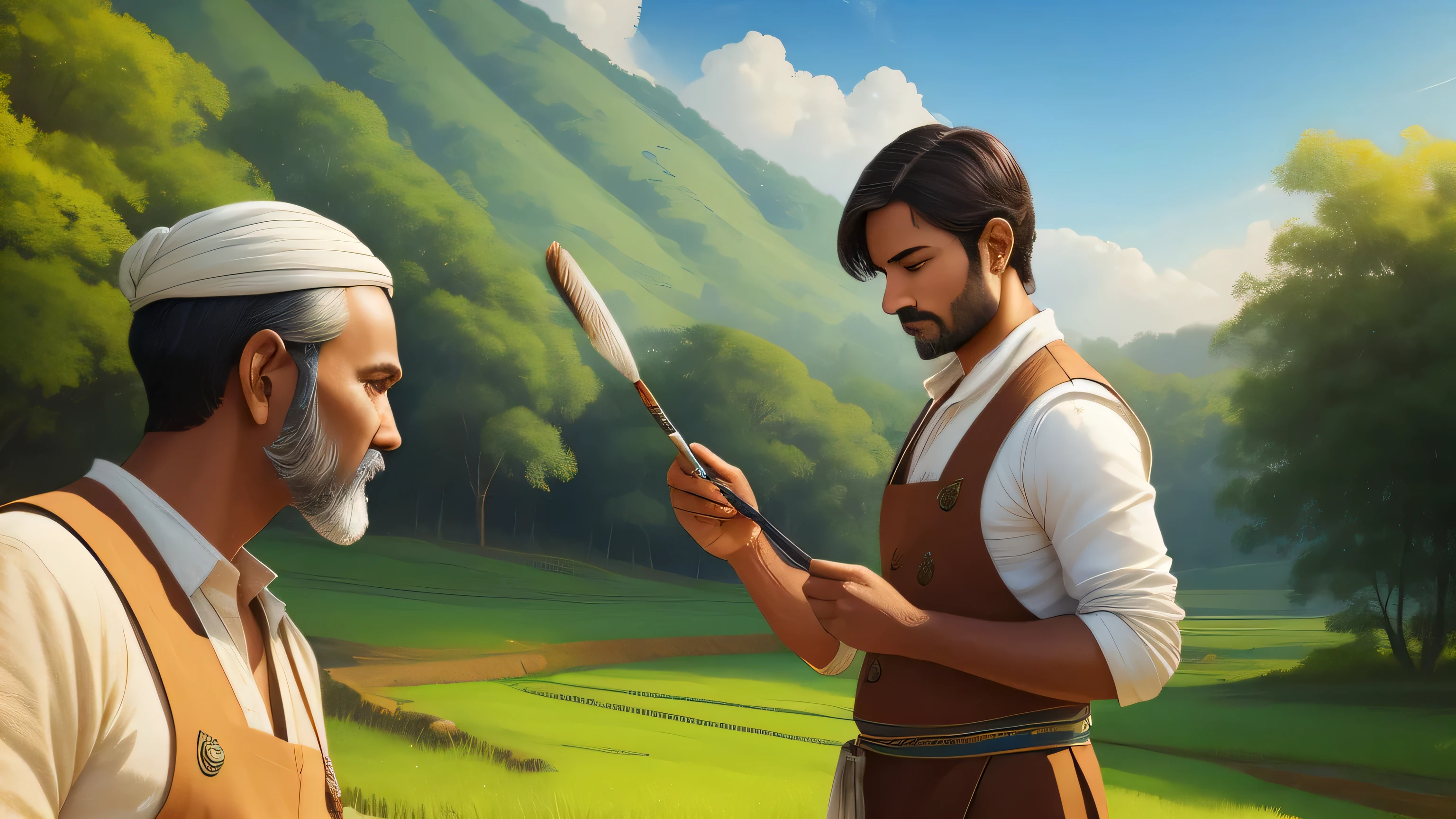 1 名man, man,man,Brush in hand,painter,artist,Beautiful and delicate brown shiny short hair, indian clothing, The background is in the countryside, blue sky, cloud, emit diffuse light, cool breeze, detail, masterpiece, high quality