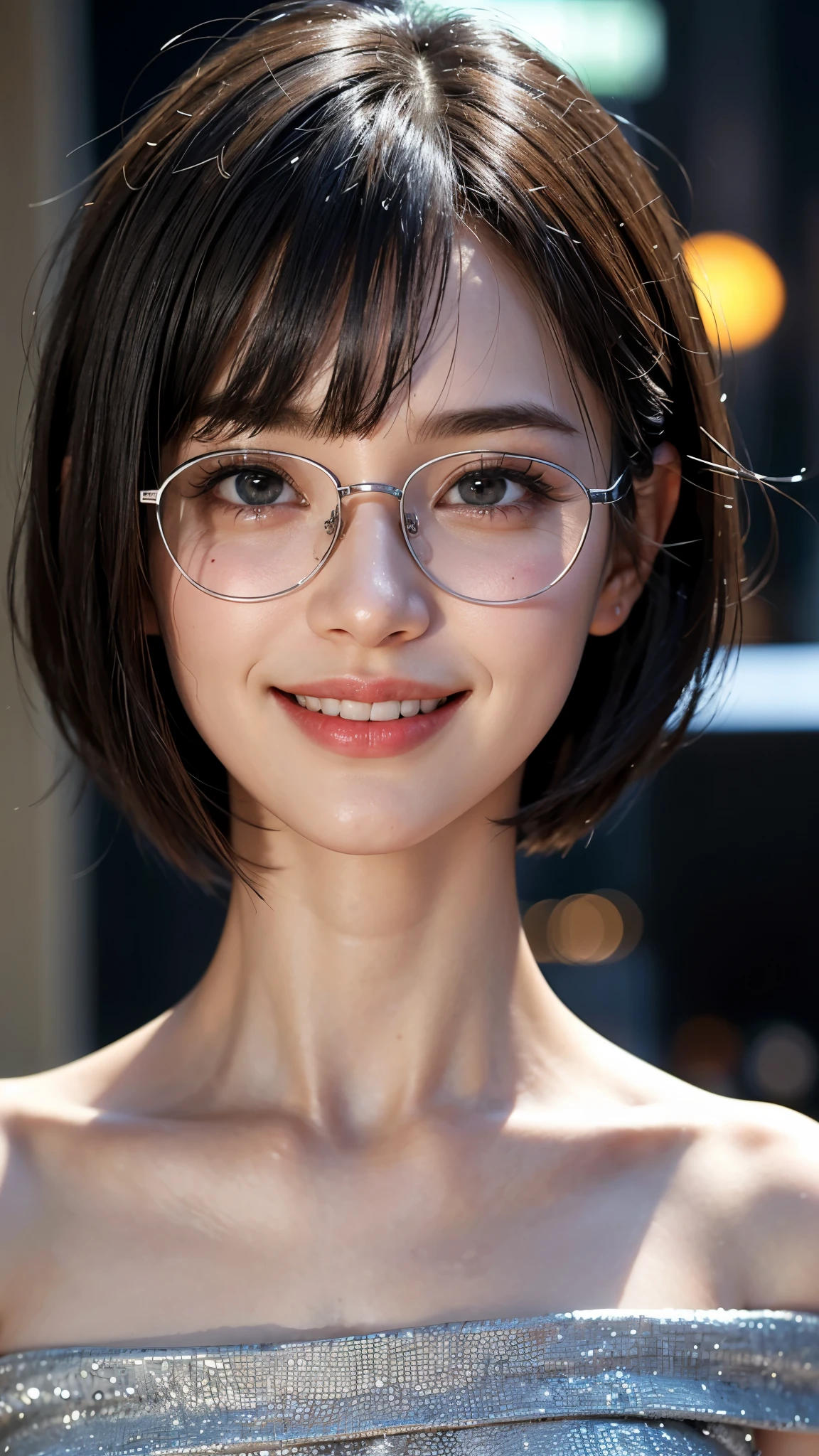 cute 26 year old,1 girl,slim face ,8K,Super realistic image quality,dynamic shadow,sparkling eyes,clear black eyes,thin silver frame glasses,movie theater lighting,dark back alley,night,Darkness of the city,suit, ((face close up:1.2)),((A smile showing white teeth)),((Open mouth and smile happily)),((short hair)),((very short bangs)),off shoulder dress,close, 8K, Raw photo, highest quality, masterpiece,realistic, photo-realistic,
