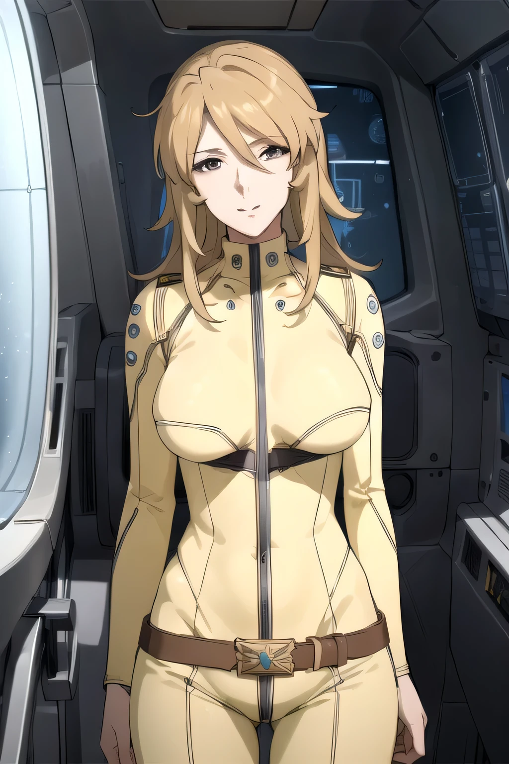 (((best quality))), (((masterpiece))), (((detailed))),
MoriYuki,
solo, closed mouth, light smile,
blonde hair, long hair, (brown eyes), (best quality eyes), (detailed face),
MoriBodysuit, (yellow bodysuit), belt,
standing, looking at the viewer, from back,
science fiction, cockpit, starry sky, (big breasts), thighs