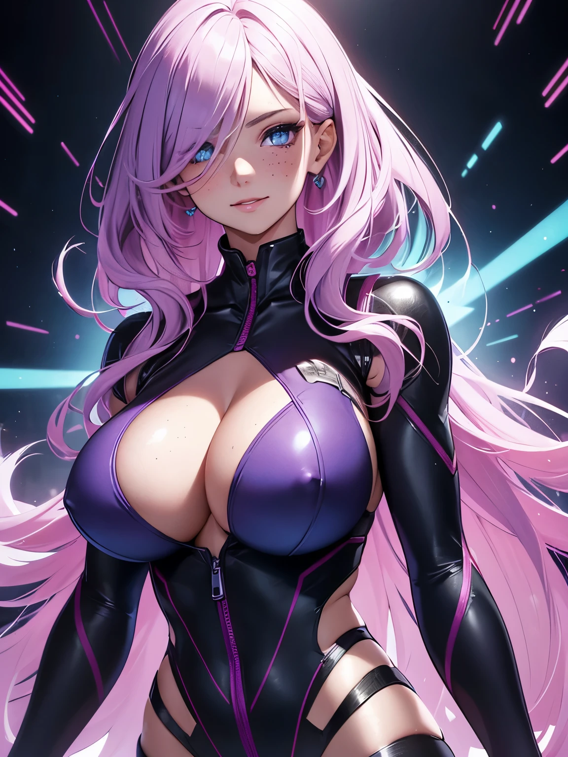 beautiful woman, extremely long hair, purple hair, hair covering one eye, bright blue eyes, glowing eyes, lots of freckles, full lips, (gigantic breasts 1.8), extreme cleavage, deep cleavage, thin body, sci-fi skin suit, skin tight suit, very revealing, deep neckline skin suit, unzipped down to bellybutton, heels, super advanced technology, holograms, perfect anatomy, extreme blushing, smile, seductive, ultra detailed, science fiction background, masterpiece, 4k