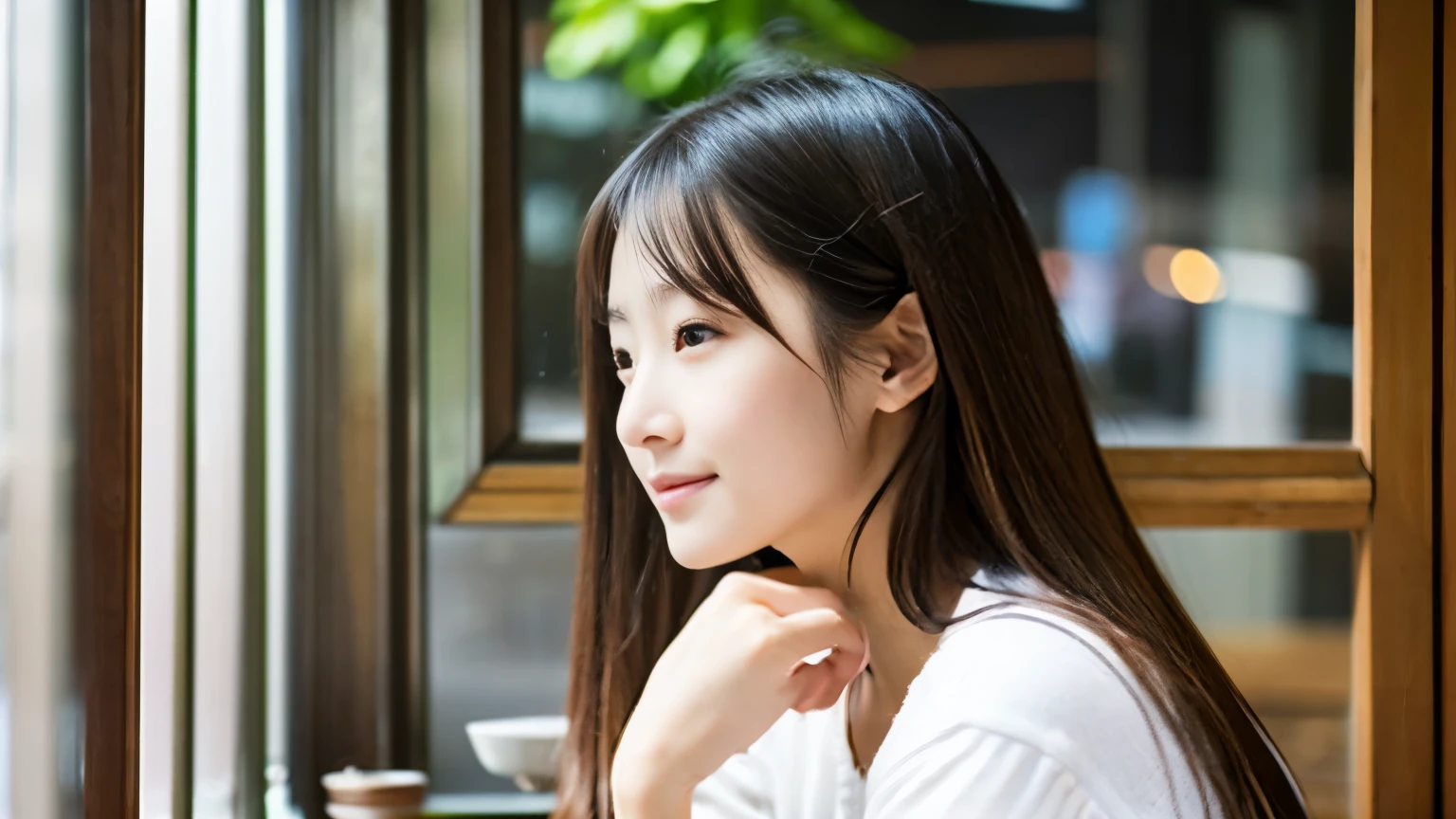 super high quality、natural brightness、日本の若いbeautiful girl、beautiful girl、Strong sadness、sit in a cafe、straight long hair、neat and clean clothes、beautiful skin quality