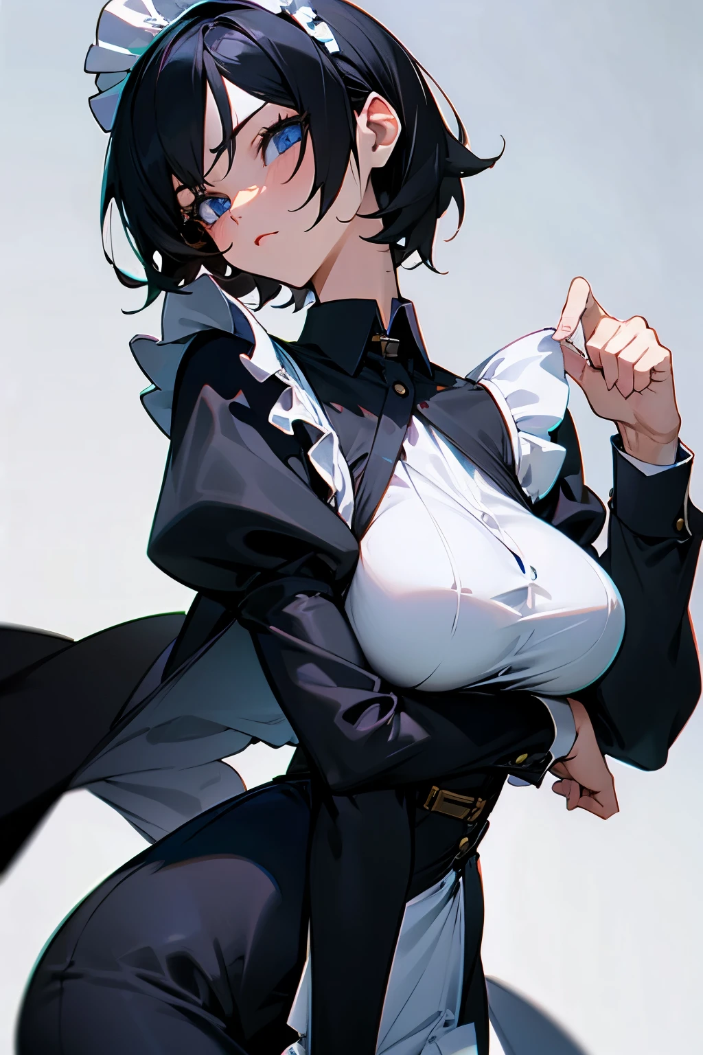 Cute girl, short black hair, black eyes, white scarf, black belt, big breasts, short pants