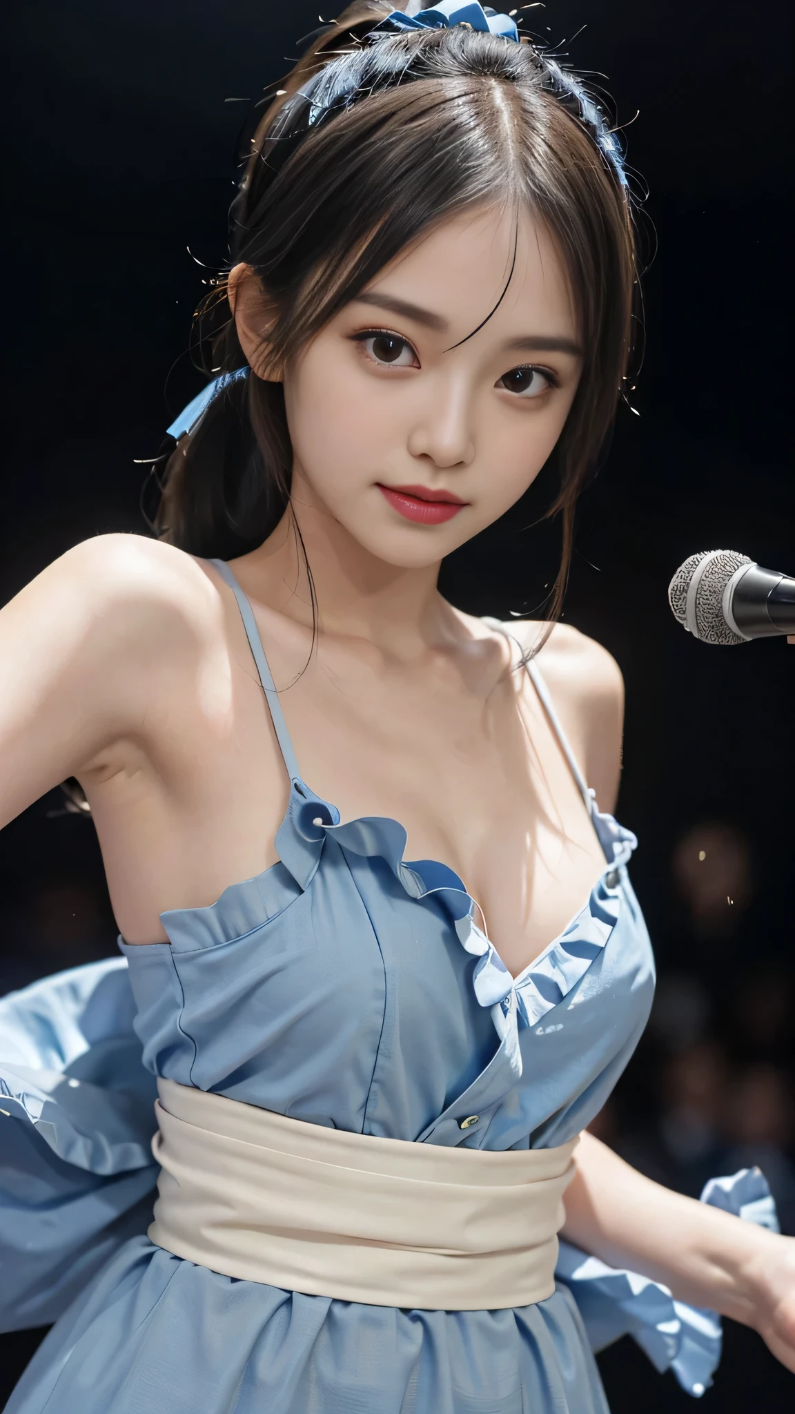 not showing one's feet,standing on stage singing,Blue colored long dress with lots of ruffles,One woman,masutepiece, The highest image quality, High quality, the background is clear,Beautiful woman, Japanese, Detailed, Detailed eyes, Detailed skin, Beautiful skin, 超hight resolution, (reality: 1.4),Very beautiful woman, Slightly younger face, Beautiful skin, slender, (Ultra photo realsisim), (hight resolution), (8K), (Very detailed) (beautifully detailed eyes), (super detailed), (Detailed face), view the viewer, Fine details, Detailed face, Staring straight ahead, Staring straight ahead, photos realistic, Bright lighting, Professional Lighting, Black hair,poneyTail,a ,fifteen ye is ponytail,long ponytail hairstyle,slight smile,neat and tidy clothing,Beautiful Japanese KPOP idol photo, hair style is ponytail, my eyes are double and wide, baby face, smile and look ahead, slender, small breasts,close up face,Blue ribbon on head,