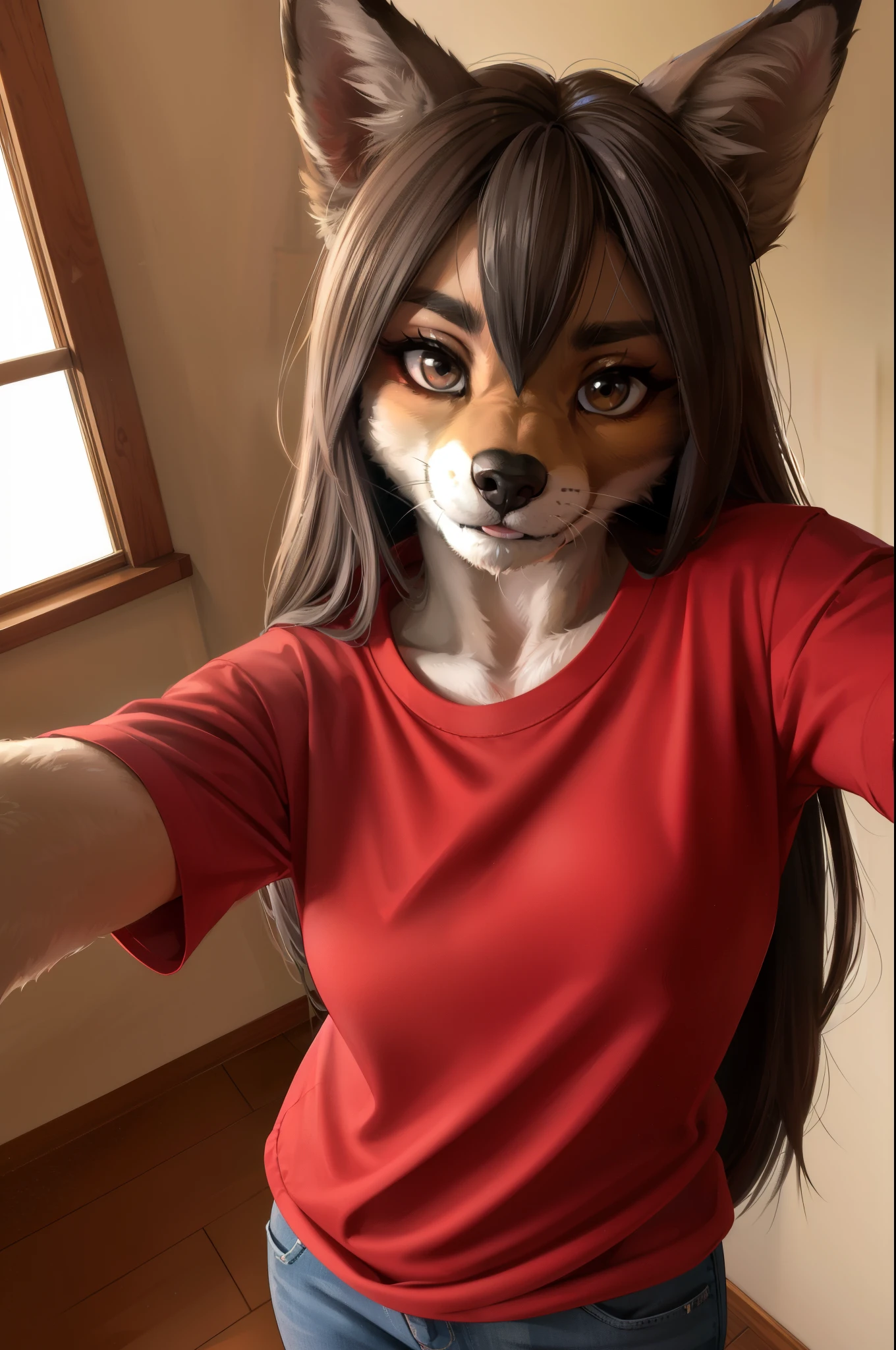 Selfie pov, Female, 22 years old, English, British, cute, eyeliner, long hair, biting lip smile, red shirt, bedroom eyes, anthro, canine, (grey fur:1.3), baggy shirt, canine ears, BREAK, indoors, 8k, hi res, (best quality, masterpiece)