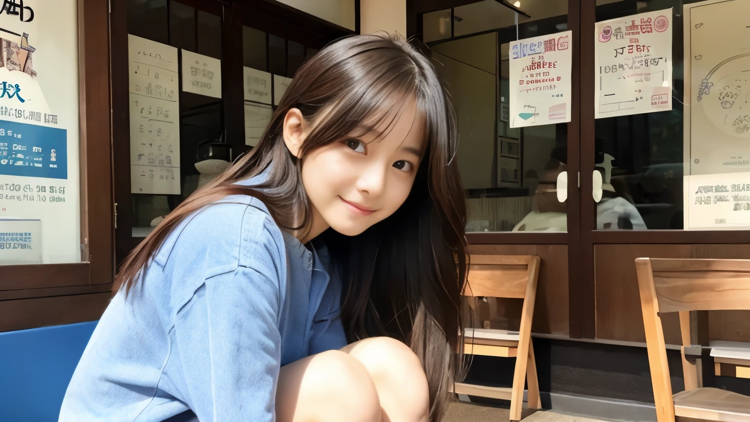 super high quality、natural brightness、日本の若いbeautiful girl、beautiful girl、Strong sadness、sit in a cafe、straight long hair、neat and clean clothes、beautiful skin quality,　Japanese idol