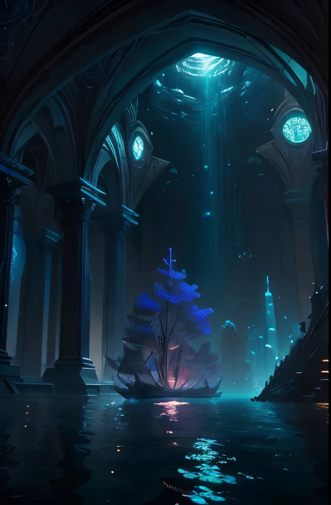 A breathtaking painting of a beyond-dimensional fantasy world unfolds before you, an underwater realm of enchantment and wonder, reminiscent of the legendary city of Atlantis. This is no ordinary scene, but a science fiction masterpiece brought to life through the technique of unreal engine and ultrahigh definition, Ultra HD, rendering. The composition is epic in scale and intricacy, filled with elements that defy the laws of physics, each one meticulously crafted for maximum detail.
The triadic color scheme, a harmonious blend of primary and secondary hues, bathes the painting in a shimmering glow, evoking the feeling of a mythical underwater kingdom
