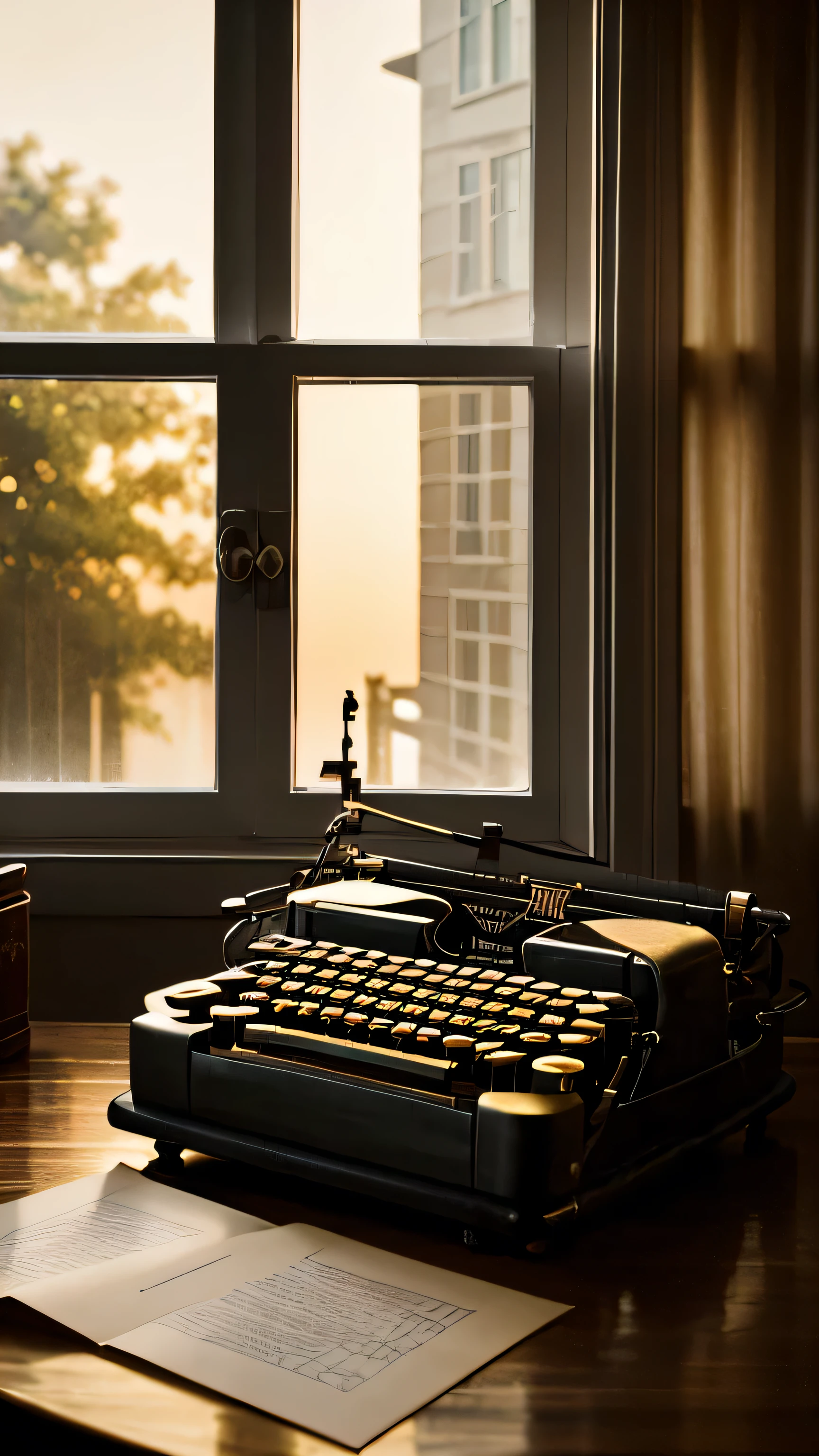A vintage typewriter sitting on a desk by a rain-streaked window during the golden hour, with a single sheet of paper filled with handwritten notes, bathed in the warm, golden light.
Keyword: Vintage typewriter by rain-streaked window at golden hour