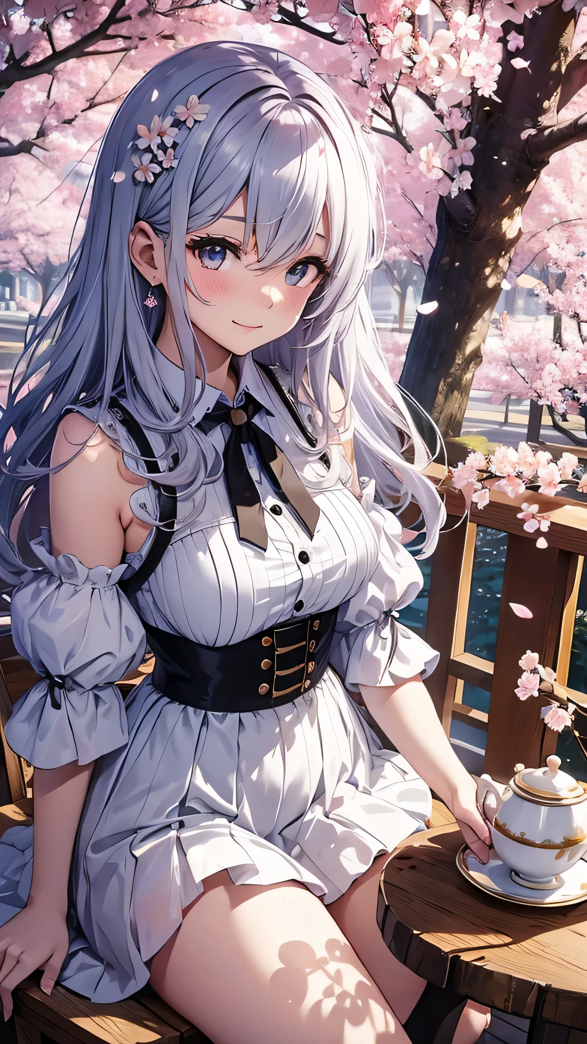 最high quality、best image quality、masterpiece、girl((18-year-old、 By becoming、vest bust、medium bust,wide open breast tea、shining eyes, silver hair、long hair、thin,highest valley、white see-through dress、White short skirt、Wristband、smile、back view、cherry blossom hair ornament、emphasize the buttocks)),high quality、beautiful art、background((SakuraFubuki、Falling cherry blossoms、Cherry tree、beautiful park、square、Cherry Meadow、Wind、wood table、wood chair、black tea))、Flight、debris flies、Depth of written boundary、movie、visual art、perfect art、8K,genuine、