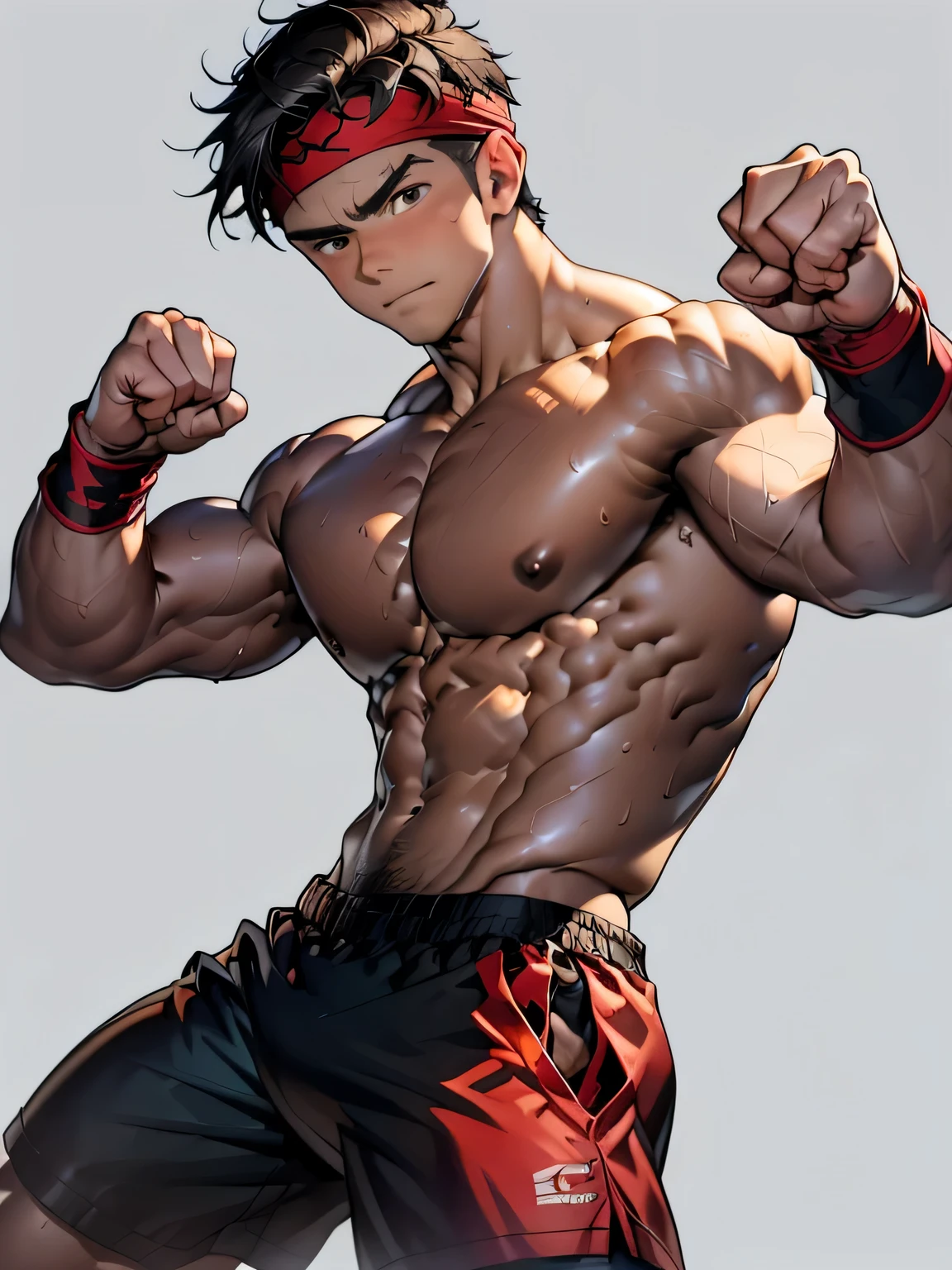 (Masterpiece, Best quality 19 year old boy, simple background, cowboy shot), solo, Young, boy, full bodyesbian, muscler, Shirtless, topless, (Dark Short straight hair, under cut, brown eyes), (red headband, ((black wristband))), Vivid colors, (hot Abs, abs!, big abs, big breast, chest!, muscler upper arms), (topless male), closed mouth, serious, muscler!, muscler body, Man with martial arts stance, (((epic fighting pose, victory pose)))