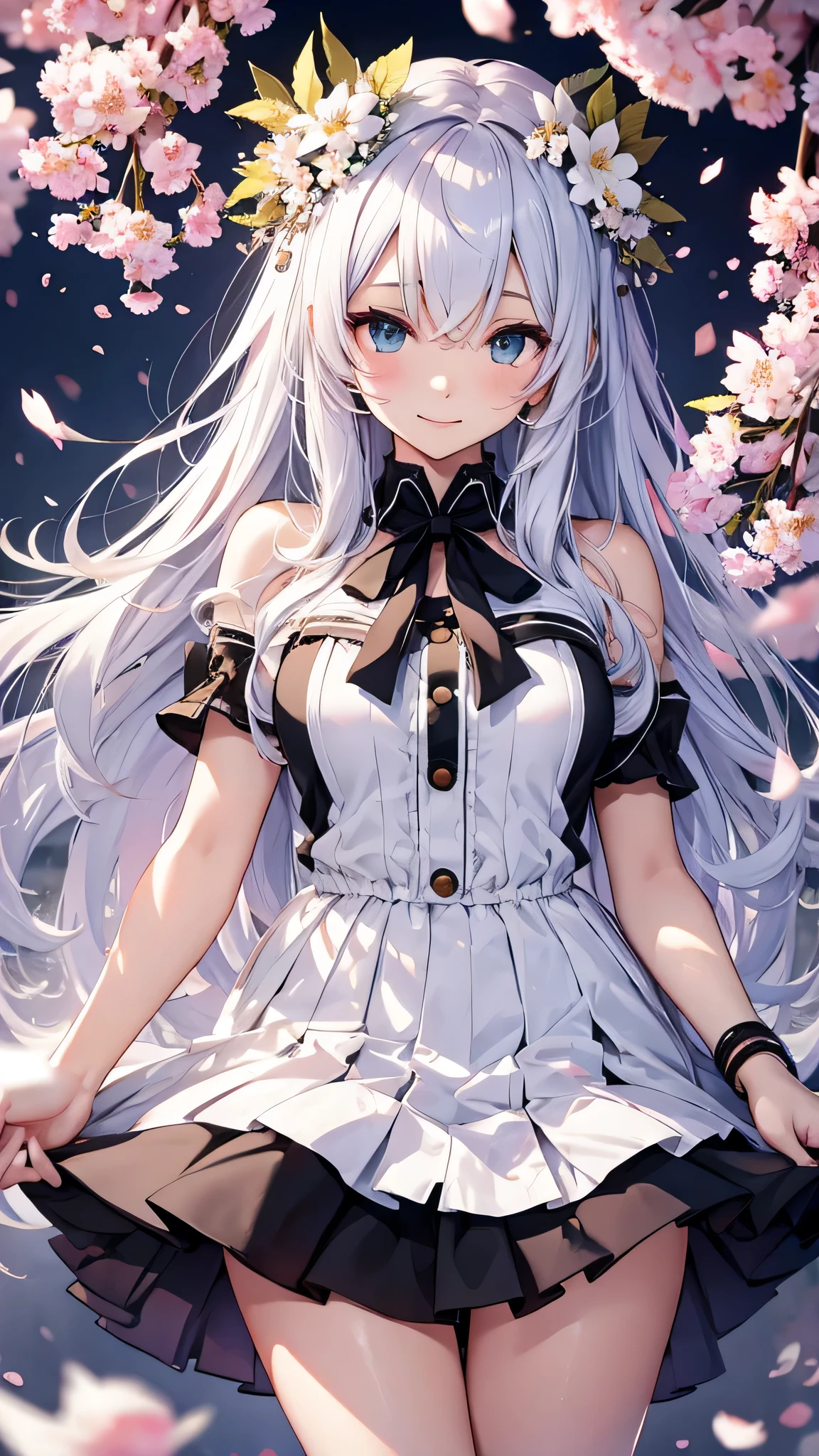 最high quality、best image quality、masterpiece、girl((18-year-old、 By becoming、vest bust、medium bust,wide open breast tea、shining eyes, silver hair、long hair、thin,highest valley、white see-through dress、White short skirt、Wristband、smile、back view、cherry blossom hair ornament、emphasize the buttocks、white underwear)),high quality、beautiful art、background((SakuraFubuki、Falling cherry blossoms、Cherry tree、beautiful park、square、Cherry Meadow、Wind、))、Flight、debris flies、Depth of written boundary、movie、visual art、perfect art、8K,genuine、