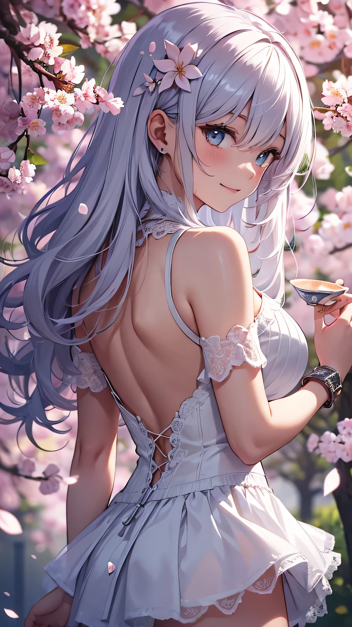 最high quality、best image quality、masterpiece、girl((18-year-old、 By becoming、vest bust、medium bust,wide open breast tea、shining eyes, silver hair、long hair、thin,highest valley、white see-through dress、White short skirt、Wristband、smile、back view、cherry blossom hair ornament、emphasize the buttocks、white underwear)),high quality、beautiful art、background((SakuraFubuki、Falling cherry blossoms、Cherry tree、beautiful park、square、Cherry Meadow、Wind、))、Flight、debris flies、Depth of written boundary、movie、visual art、perfect art、8K,genuine、