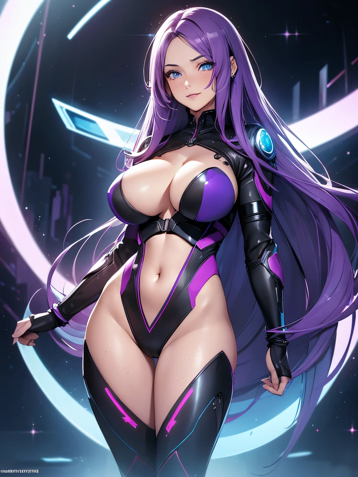 beautiful woman, extremely long hair, purple hair, hair covering one eye, bright blue eyes, glowing eyes, lots of freckles, full lips, (gigantic breasts 1.8), extreme cleavage, deep cleavage, thin body, sci-fi skin suit, skin tight suit, very revealing, deep neckline skin suit, unzipped down to bellybutton, heels, super advanced technology, holograms, perfect anatomy, extreme blushing, smile, seductive, ultra detailed, science fiction background, masterpiece, full body shot, 4k