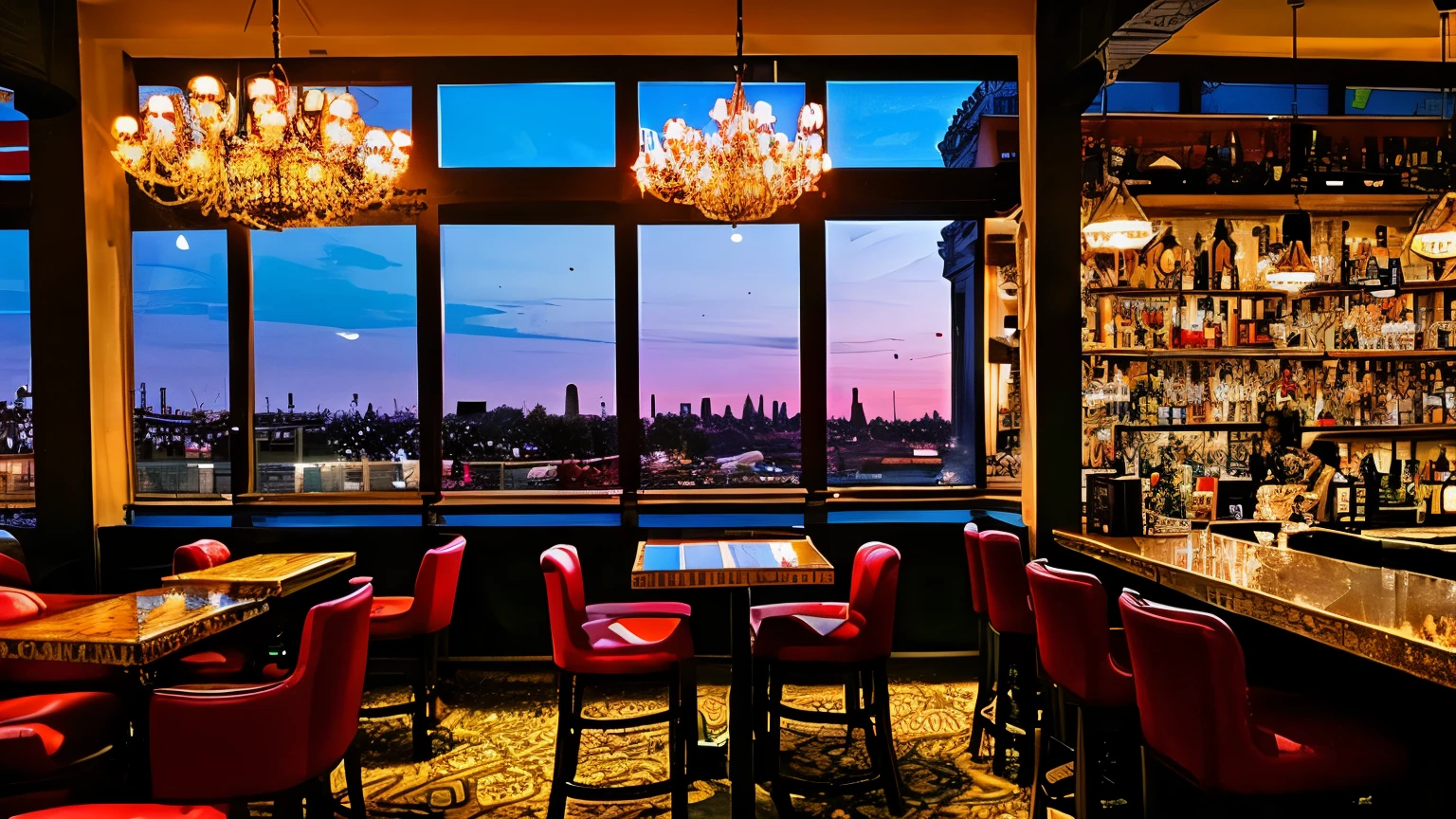 Fairly large bar interior, drinks on shelves, counter, chairs, city sunset view from windows, tables, relaxed atmosphere, chandeliers, Persian carpets.
