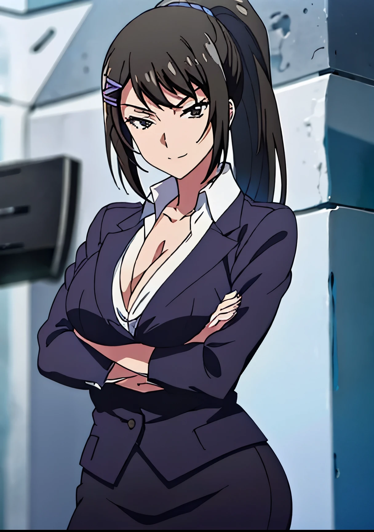 Chabashira, 1 girl, ponytail, black hair, hair clip, chest, cleavage, formal, suit, pencil skirt, black pantyhose,
(looking at the viewer), high heels, smile,
[anime screenshot::0.8], masterpiece,highest quality,(arms crossed:1.3)