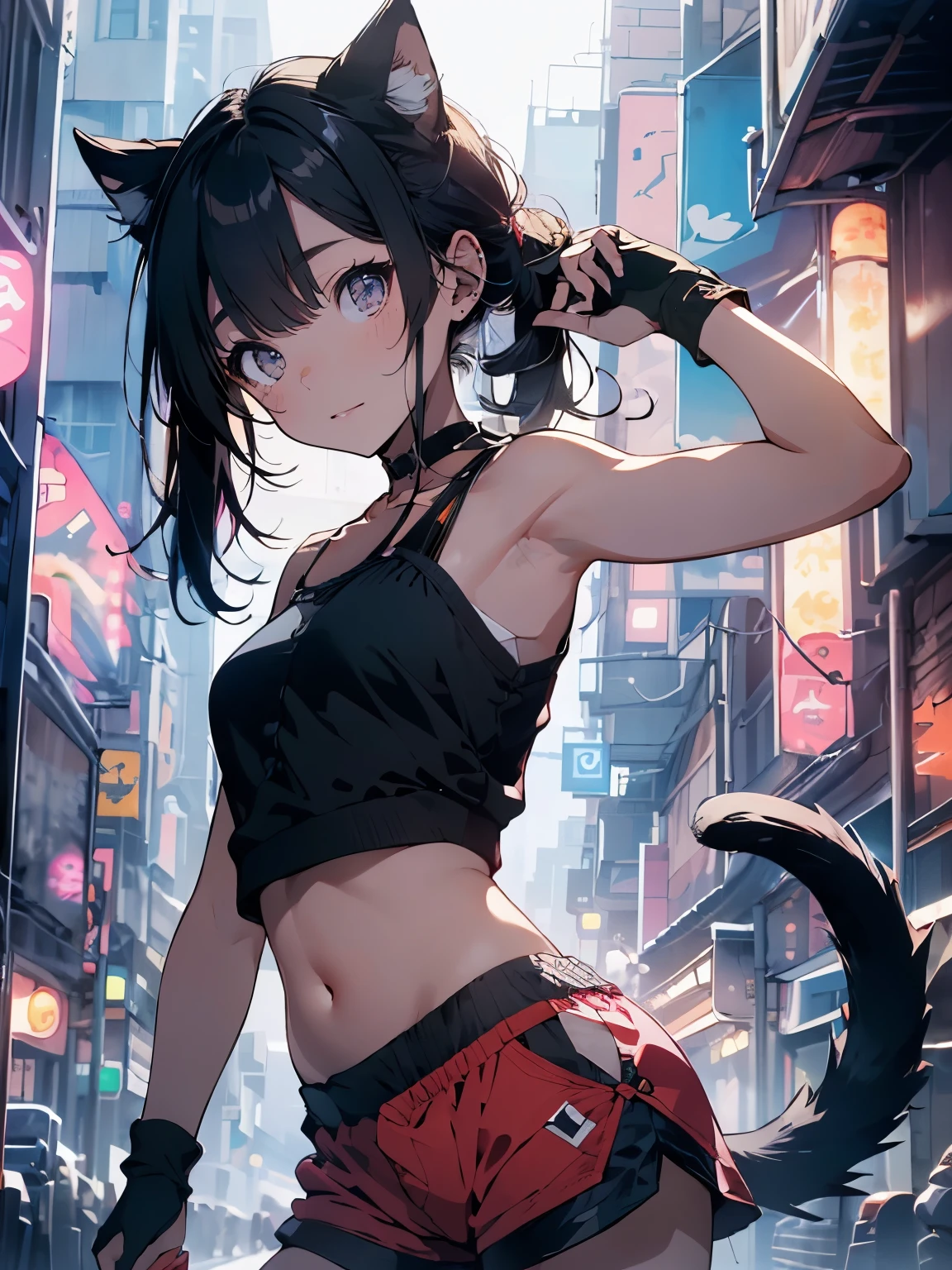 (looking at viewer,(from side:1.2),( head tilt:1.65),(leaning_back:1.25)),portrait,backlight,cyberpunk city,(ninja),(cat girl),((infant)),parted bangs,black hair,pink_eyes,standing,presenting armpit,strapless tank top, navel cutout,shorts,(loli),fingerless gloves,tail,
