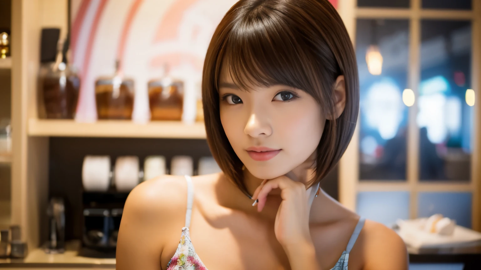 Realistic female beauty salon model,　bob style hairstyle japanese、Inside the cafe,　Japanese idol