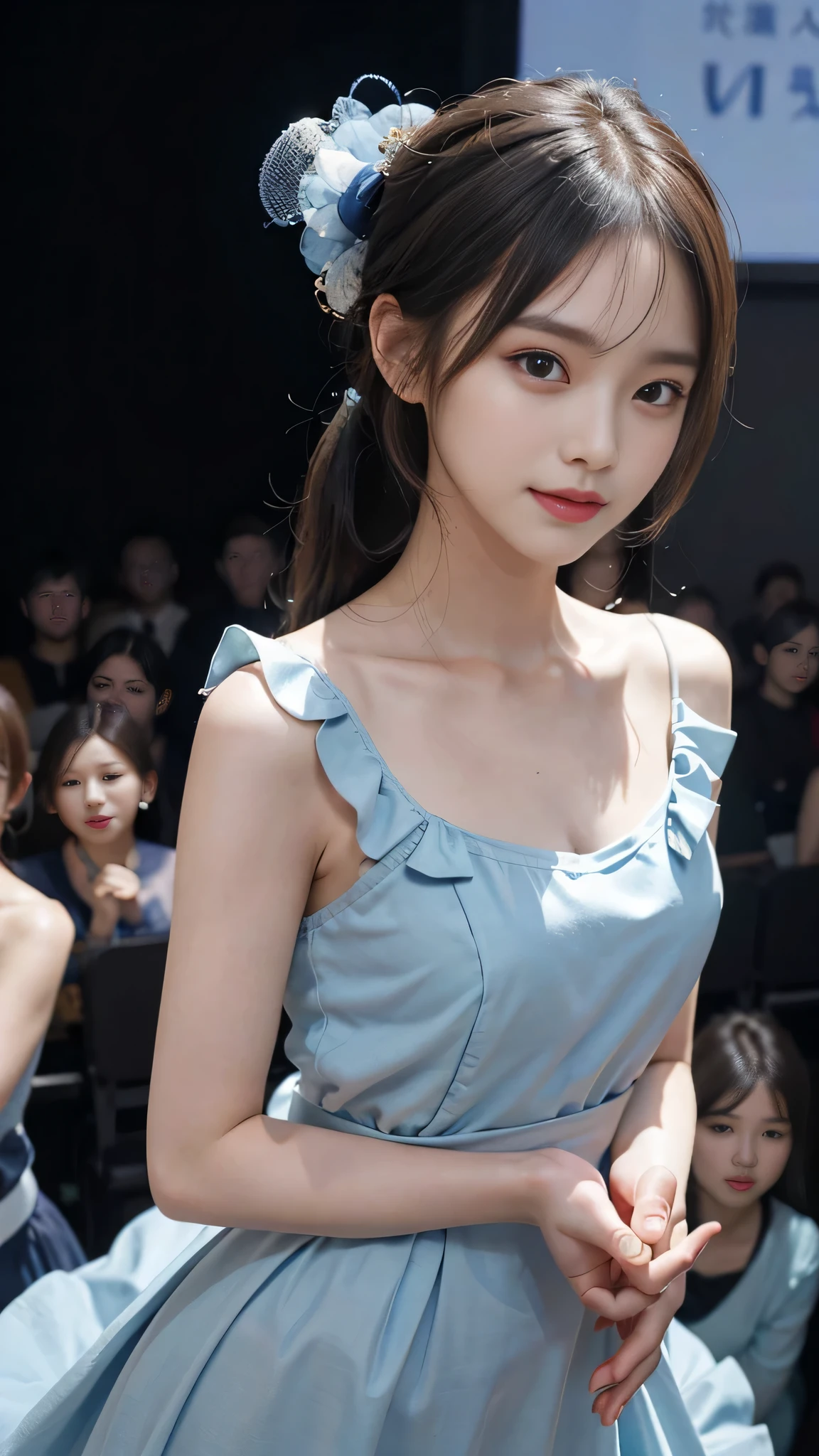 not showing one's feet,standing on stage singing,Blue colored long dress with lots of ruffles,One woman,masutepiece, The highest image quality, High quality, the background is clear,Beautiful woman, Japanese, Detailed, Detailed eyes, Detailed skin, Beautiful skin, 超hight resolution, (reality: 1.4),Very beautiful woman, Slightly younger face, Beautiful skin, slender, (Ultra photo realsisim), (hight resolution), (8K), (Very detailed) (beautifully detailed eyes), (super detailed), (Detailed face), view the viewer, Fine details, Detailed face, Staring straight ahead, Staring straight ahead, photos realistic, Bright lighting, Professional Lighting, Black hair,poneyTail,a baby face,fifteen years old,Hairstyle is ponytail,long ponytail hairstyle,slight smile,neat and tidy clothing,Beautiful Japanese KPOP idol photo, hair style is ponytail, my eyes are double and wide, baby face, smile and look straight ahead, slender, small breasts,close up face,Blue ribbon on head,