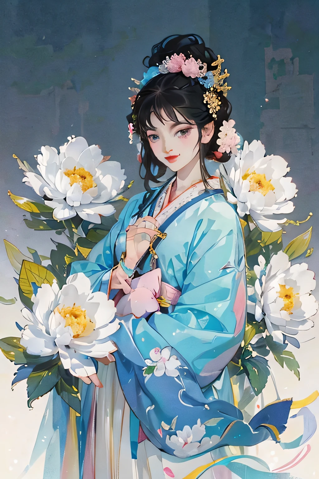 A cheerful elegant 16 years old beauty, smart and confident, dignified and courteous, wearing pastel pink ancient Chinese clothing, hiding hands in sleeves, lazy pose flowing tulle, light bright color silk, big peony leaf, peony flower, ink painting style, clean color, decisive cut, blank space, masterpiece, super detailed , epic composition, bright background