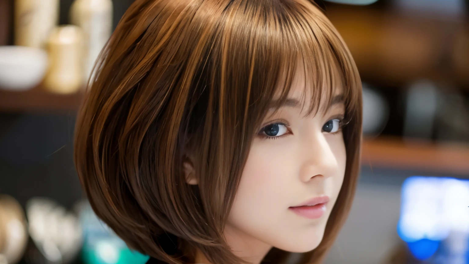 Realistic female beauty salon model, bob style hairstyle japanese、Inside the cafe, Japanese idol