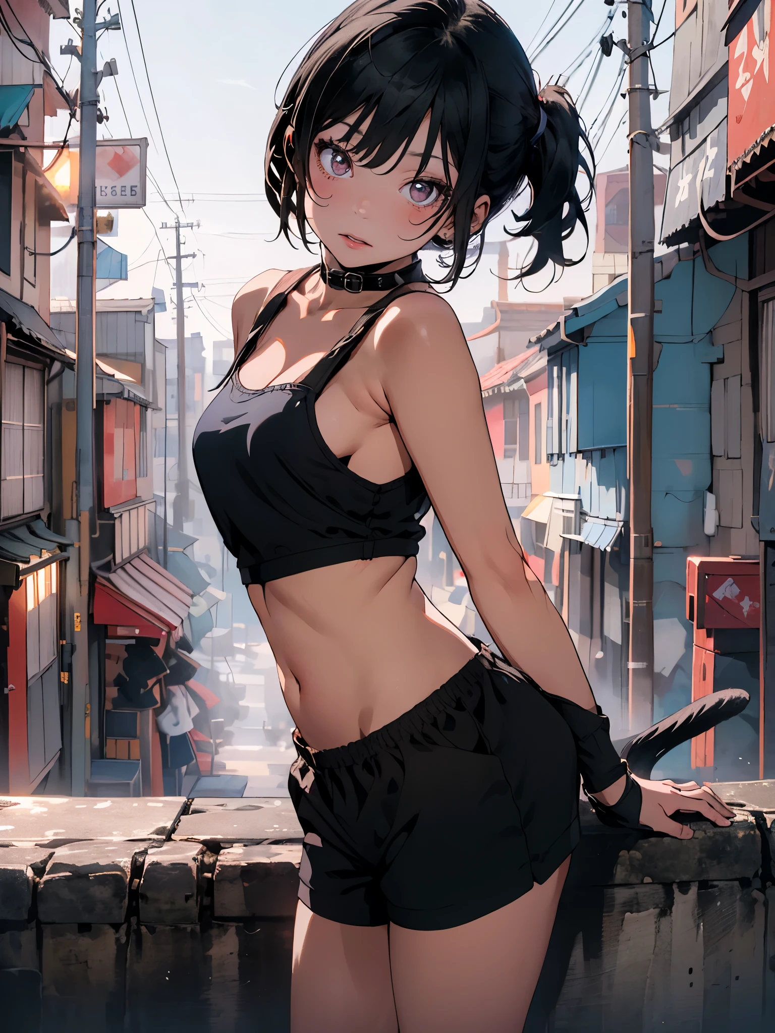 (looking at viewer,(from side:1.2),( head tilt:1.65),(leaning_back:1.25)),portrait,backlight,cyberpunk city,(ninja),(cat girl),((infant)),parted bangs,black hair,pink_eyes,standing,presenting armpit,strapless tank top, navel cutout,shorts,(loli),fingerless gloves,tail,