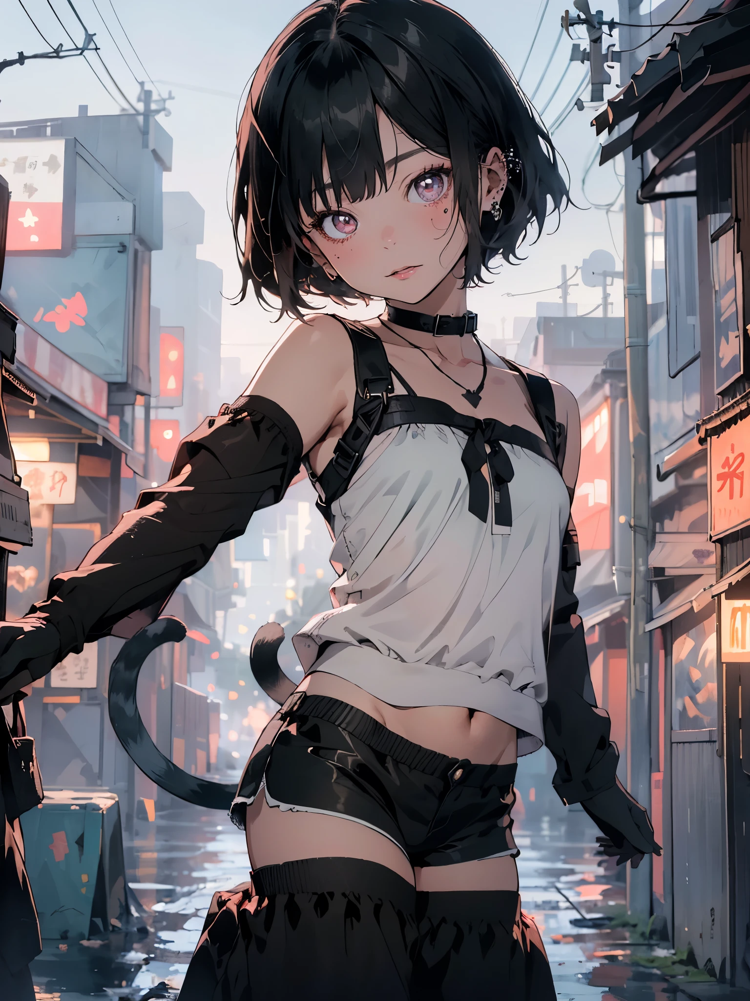 (looking at viewer,(from side:1.2),( head tilt:1.65),(leaning_back:1.25)),portrait,backlight,cyberpunk city,(ninja),(cat girl),(()),parted bangs,black hair,pink_eyes,standing,presenting armpit,strapless tank top, navel cutout,shorts,(loli),ngerless gloves,tail,