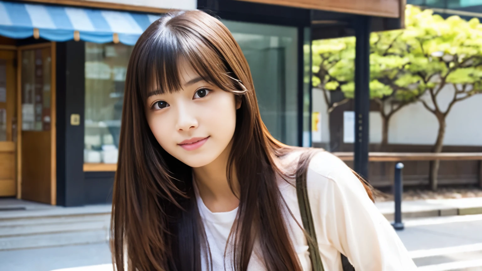 super high quality、natural brightness、日本の若いbeautiful girl、beautiful girl、Strong sadness、sit in a cafe、straight long hair、neat and clean clothes、beautiful skin quality