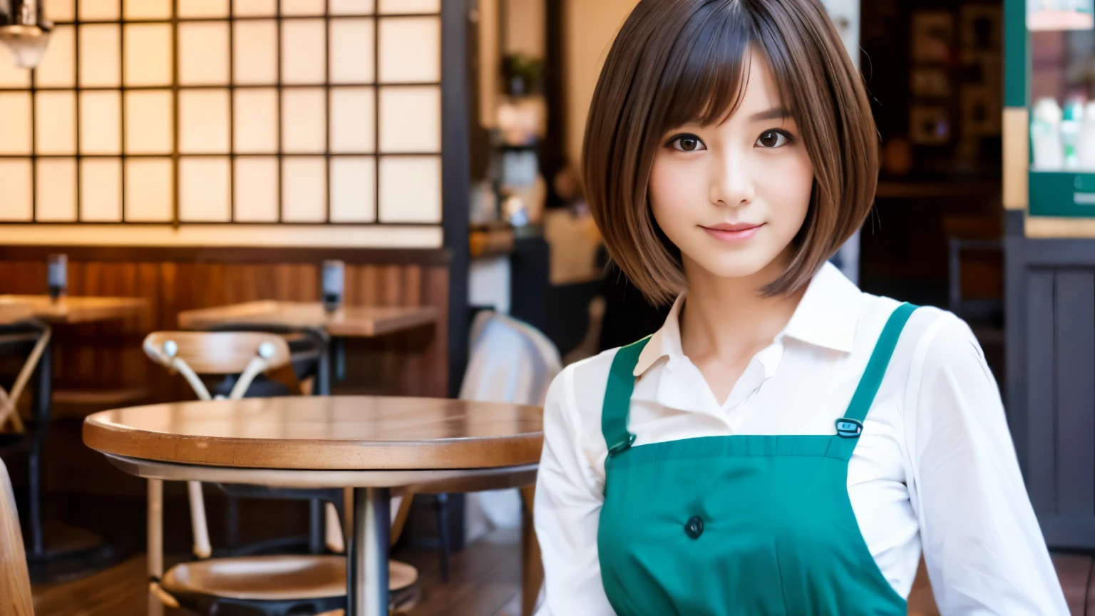 Realistic female beauty salon model, bob style hairstyle japanese、Inside the cafe, Japanese idol