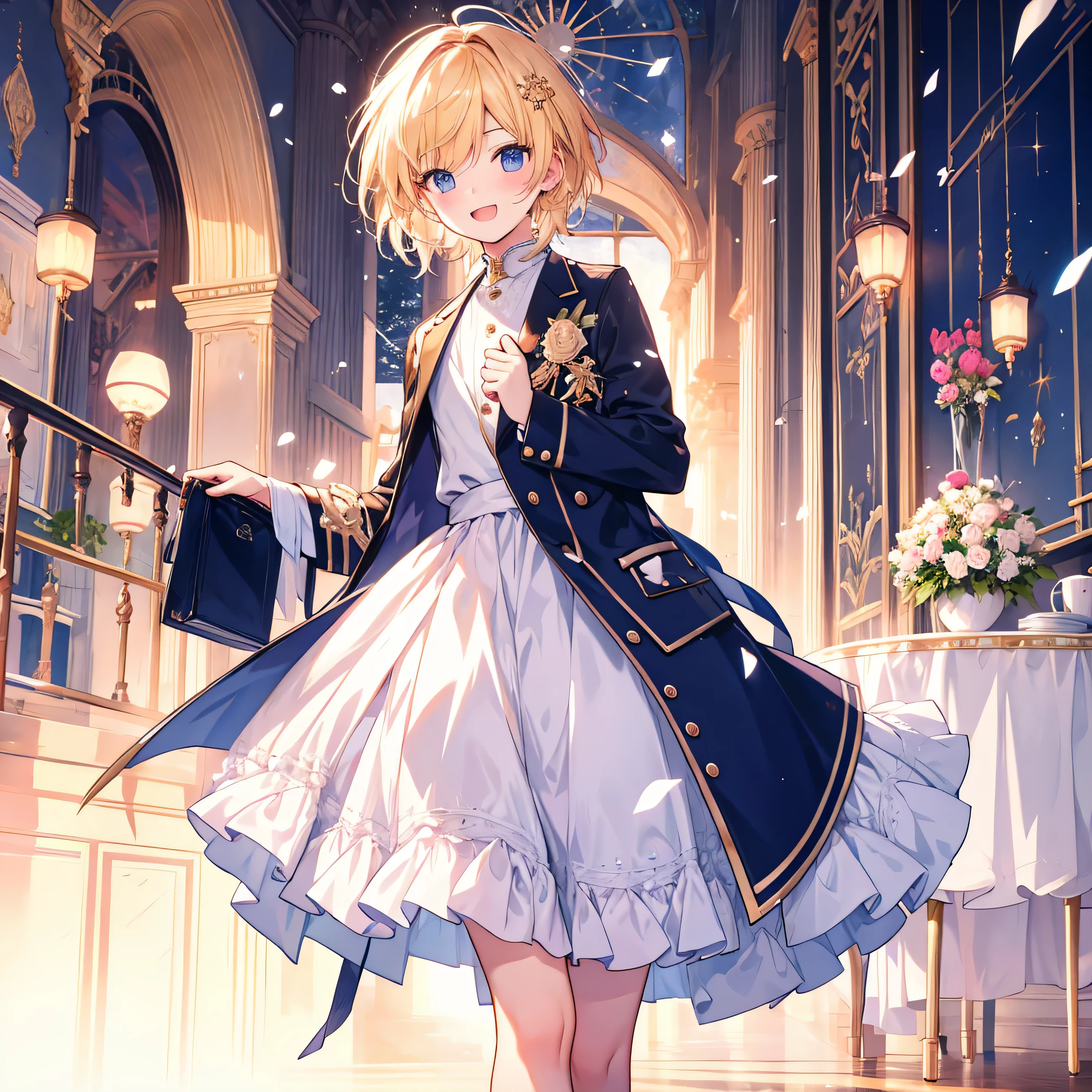{{{Composition that hides fingers}}},Hide your hands with your sleeves,I,{{{Agalactia}}},smile with open mouth,slender body,(table top),(wallpaper),short wolf hair,{{{{short ~ side tail hair}}}},(highest quality), detailed background,Overwhelming sense of dynamism,{{{{{full body esbian}}}}},(best lighting, best shadow), (best illustrations), dynamic angle,(+++boy+++) delicate and beautiful moon,walk in front of the sunset sky, hair accessory,super handsome,super handsome,solo,~ side,detailed face,boy&#39;s face,blonde,blue eyes,confetti,Shota,long sleeve,blue jacket,white skirt,{{{French towns and buildings}}},cheek,messy hair