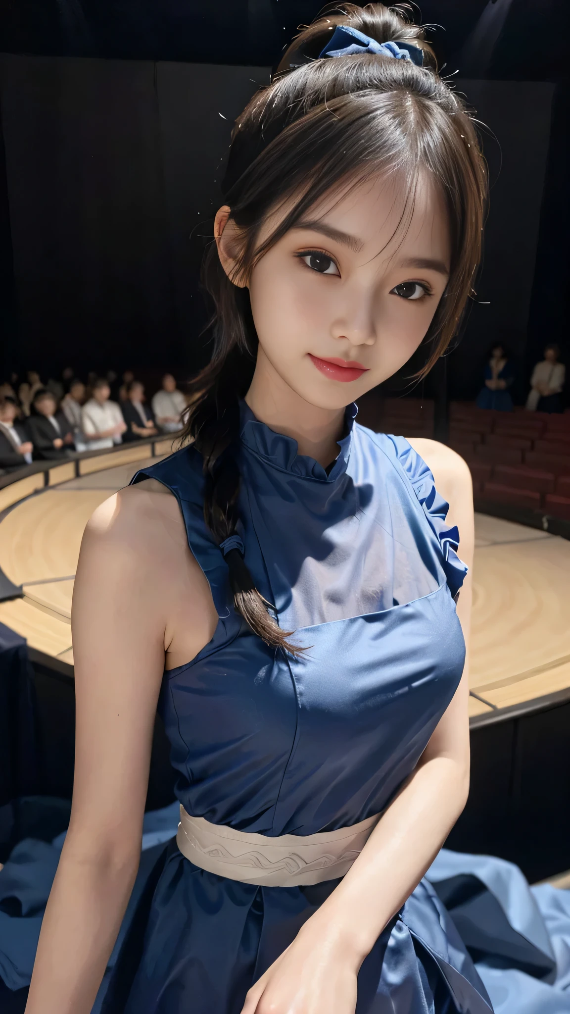 not showing one's feet,standing on stage singing,Blue colored long dress with lots of ruffles,One woman,masutepiece, The highest image quality, High quality, the background is clear,Beautiful woman, Japanese, Detailed, Detailed eyes, Detailed skin, Beautiful skin, 超hight resolution, (reality: 1.4),Very beautiful woman, Slightly younger face, Beautiful skin, slender, (Ultra photo realsisim), (hight resolution), (8K), (Very detailed) (beautifully detailed eyes), (super detailed), (Detailed face), view the viewer, Fine details, Detailed face, Staring straight ahead, Staring straight ahead, photos realistic, Bright lighting, Professional Lighting, Black hair,poneyTail,a baby face,fifteen years old,Hairstyle is ponytail,long ponytail hairstyle,slight smile,neat and tidy clothing,Beautiful Japanese KPOP idol photo, hair style is ponytail, my eyes are double and wide, baby face, smile and look straight ahead, slender, small breasts,close up face,Blue ribbon on head,