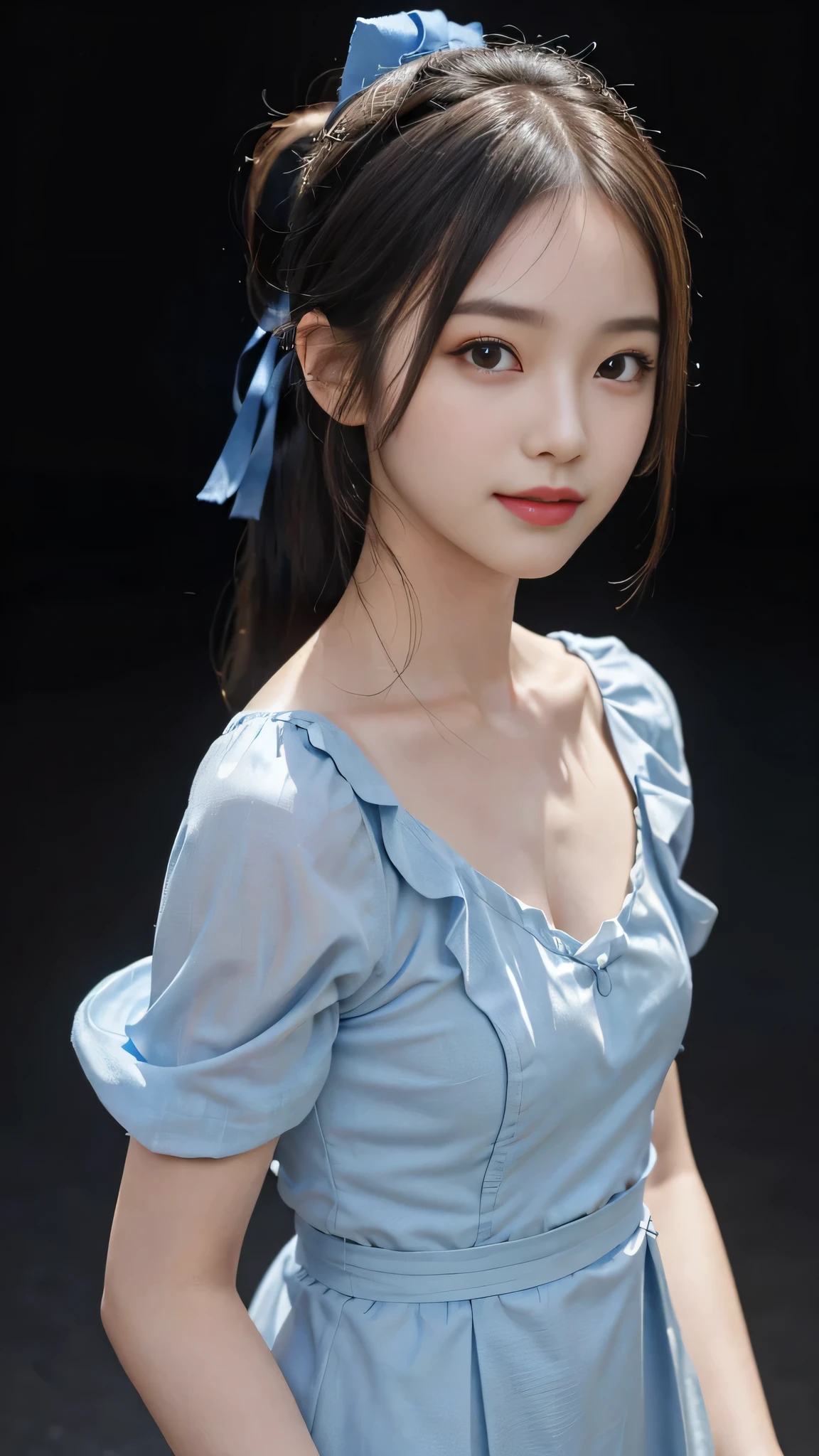 not showing one's feet,standing on stage singing,Blue colored long dress with lots of ruffles,One woman,masutepiece, The highest image quality, High quality, the background is clear,Beautiful woman, Japanese, Detailed, Detailed eyes, Detailed skin, Beautiful skin, 超hight resolution, (reality: 1.4),Very beautiful woman, Slightly younger face, Beautiful skin, slender, (Ultra photo realsisim), (hight resolution), (8K), (Very detailed) (beautifully detailed eyes), (super detailed), (Detailed face), view the viewer, Fine details, Detailed face, Staring straight ahead, Staring straight ahead, photos realistic, Bright lighting, Professional Lighting, Black hair,poneyTail,a baby face,fifteen years old,Hairstyle is ponytail,long ponytail hairstyle,slight smile,neat and tidy clothing,Beautiful Japanese KPOP idol photo, hair style is ponytail, my eyes are double and wide, baby face, smile and look straight ahead, slender, small breasts,close up face,Blue ribbon on head,