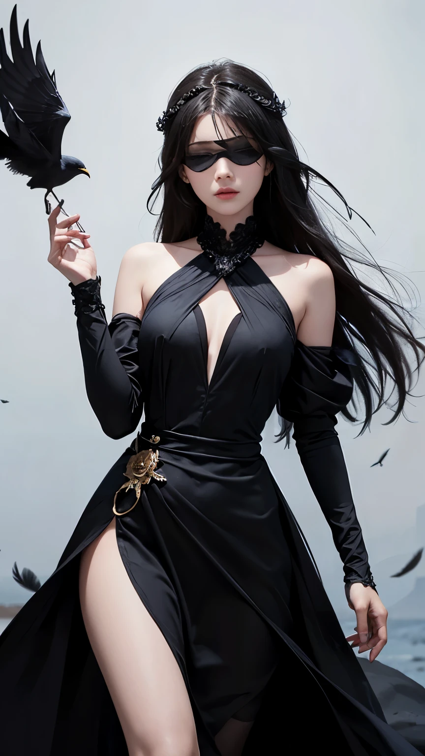 Чёрная blindfold, blindfold, perfect quality, detailed image, Beautiful girl's body, Dress, adjacent to the body, длинное Dress, long hair, black hair, Staff in hands , magic stick , blindfold, ideal figure , blindfold, bird , пернатое Dress , feathers , blindfold covering eyes, чёрные feathers , Black Armband