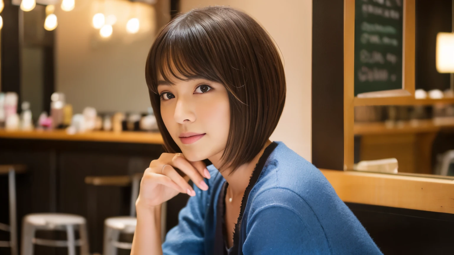 Realistic female beauty salon model, bob style hairstyle japanese、Inside the cafe, Japanese idol