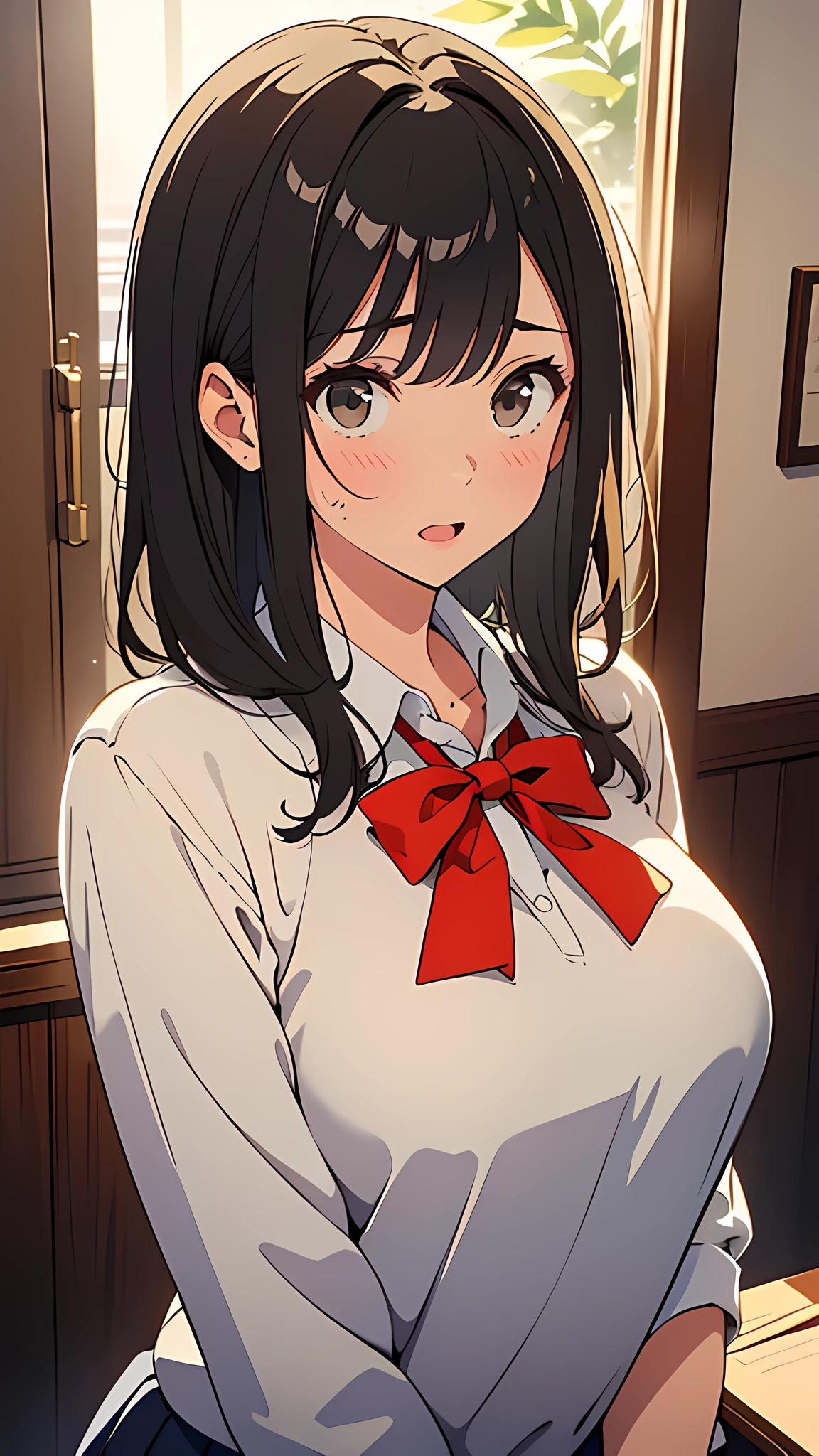 (masterpiece:1.6),(best quality:1.6), (ultra high res1.2),perfect proportion,(dark hair:1), ( black hair:1), (black eyes:1.1),(beautiful Busty breasts:1.2), (beautiful girl:1.4),a girl,(medium bob hair:1.2),a sexy mole around the mouth,open mouth,(aroused:1.4), (embarrassed:1.4),sweat,(beige V Neck Sweater:1.1),(school uniform1),a red Checked bow tie, (upper body shot:1.3)
