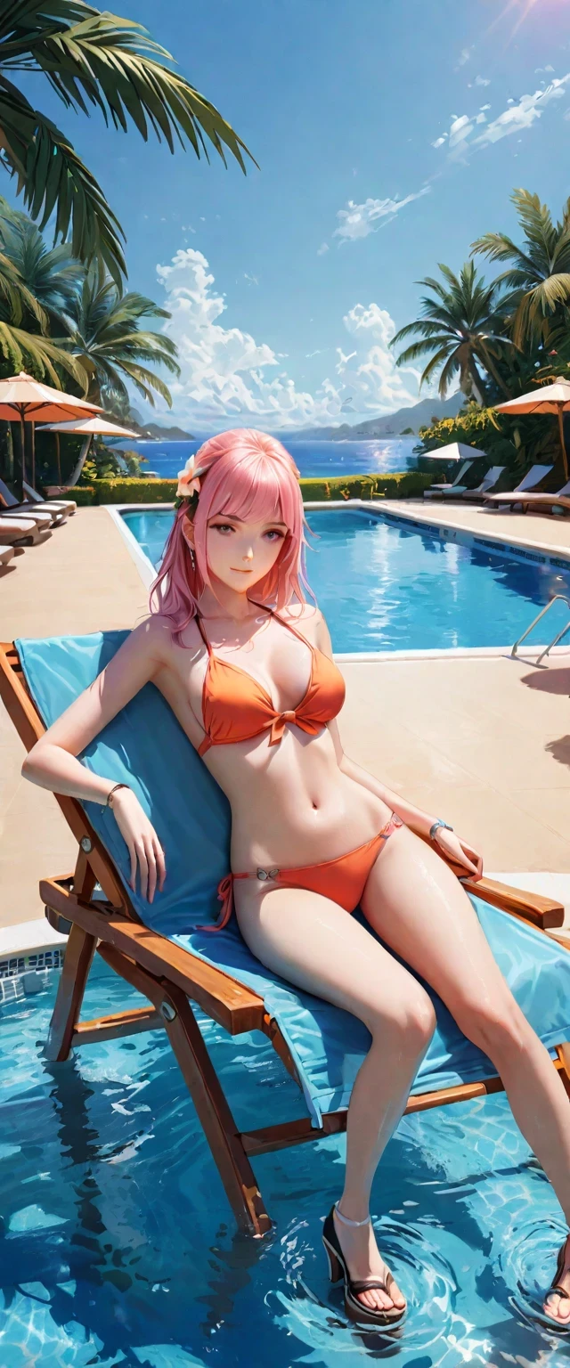 diy7,A young woman lounging poolside on a deck chair in a bikini with high heels, bathed in the warm glow of the setting sun, looking relaxed and comfortable, surrounded by palm trees, swimming pool in the background, a cocktail umbrella on her lap, sandy beach stretching out in the distance, sky painted with hues of orange and pink, dolphin swimming in the distance, tranquil atmosphere, beautiful and serene environment, resort vacation, masterpiece, high quality, photorealistic, cozy atmosphere, detailed character, detailed environment.