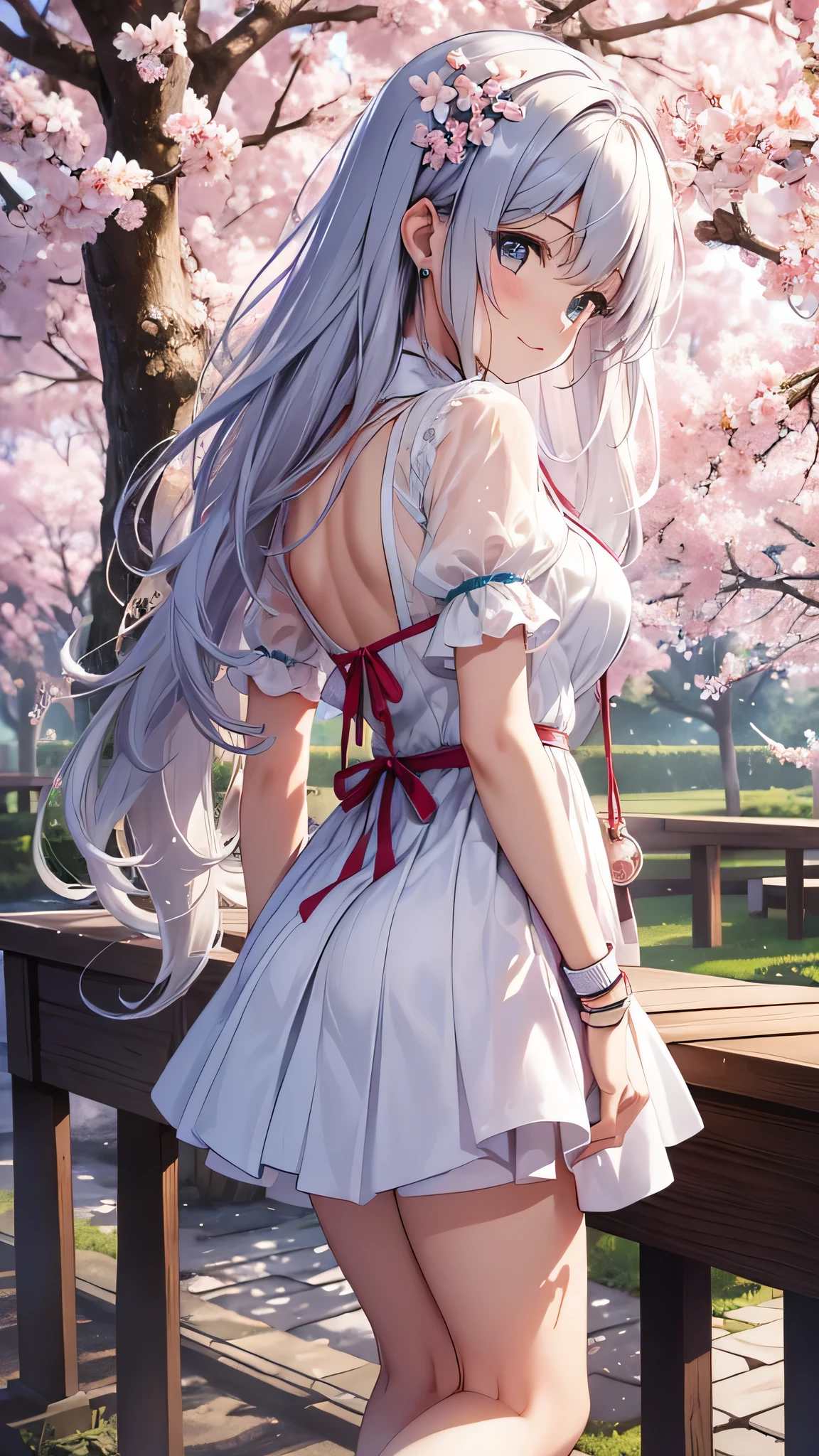 最high quality、best image quality、masterpiece、girl((18-year-old、 By becoming、vest bust、medium bust,wide open breast tea、shining eyes, silver hair、long hair、thin,highest valley、white see-through dress、White short skirt、Wristband、smile、back view、cherry blossom hair ornament、emphasize the buttocks)),high quality、beautiful art、background((SakuraFubuki、Falling cherry blossoms、Cherry tree、beautiful park、square、Cherry Meadow、Wind、wood table、wood chair、black tea))、Flight、debris flies、Depth of written boundary、movie、visual art、perfect art、8K,genuine、