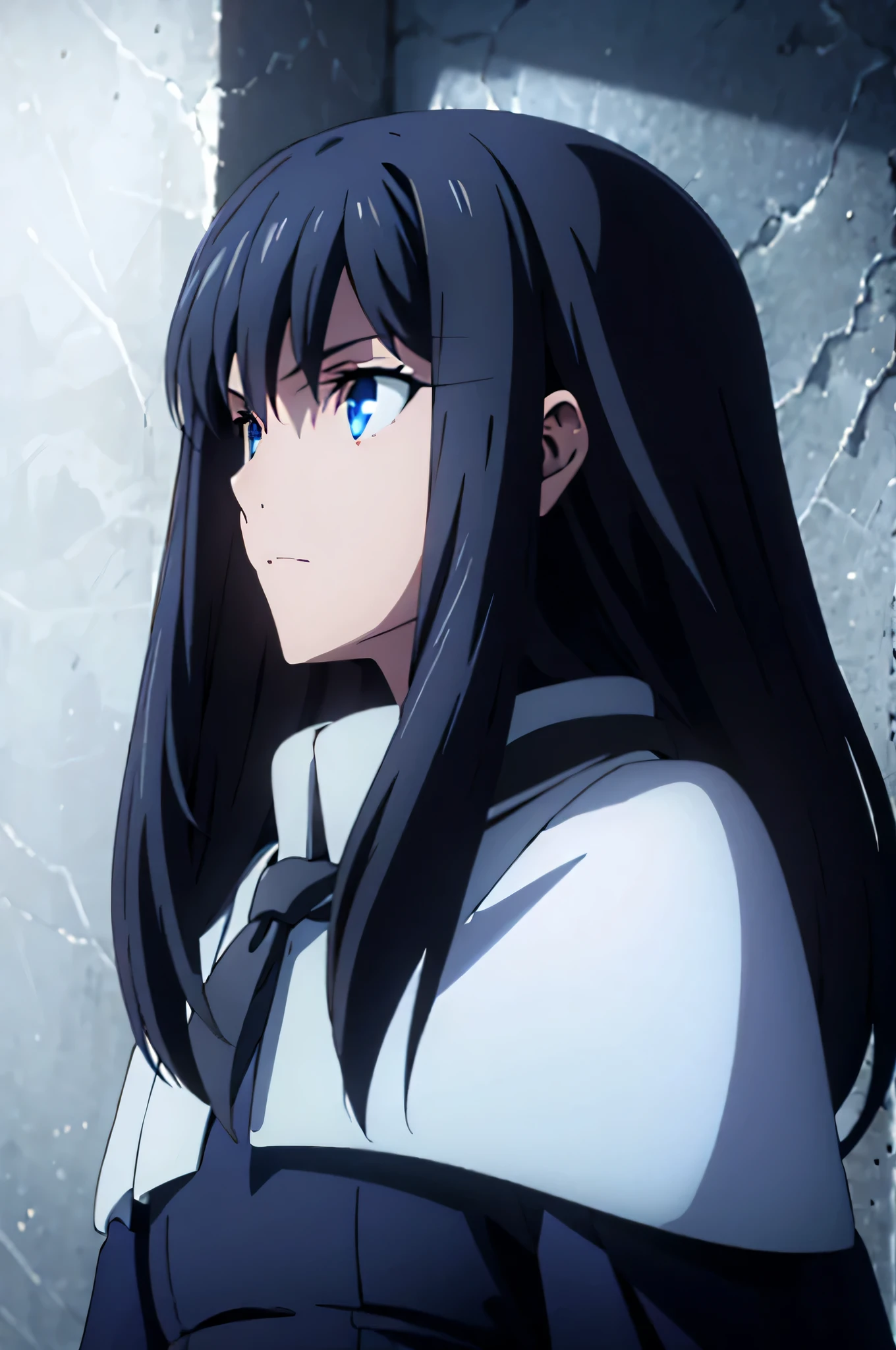 woman, young, 19 years old, long black hair, skin as white as snow, cold gaze, Crystal Blue Eyes, black clothes, wears a red cloak with a loose hood, with crystal sword in hand,with blue lights background.