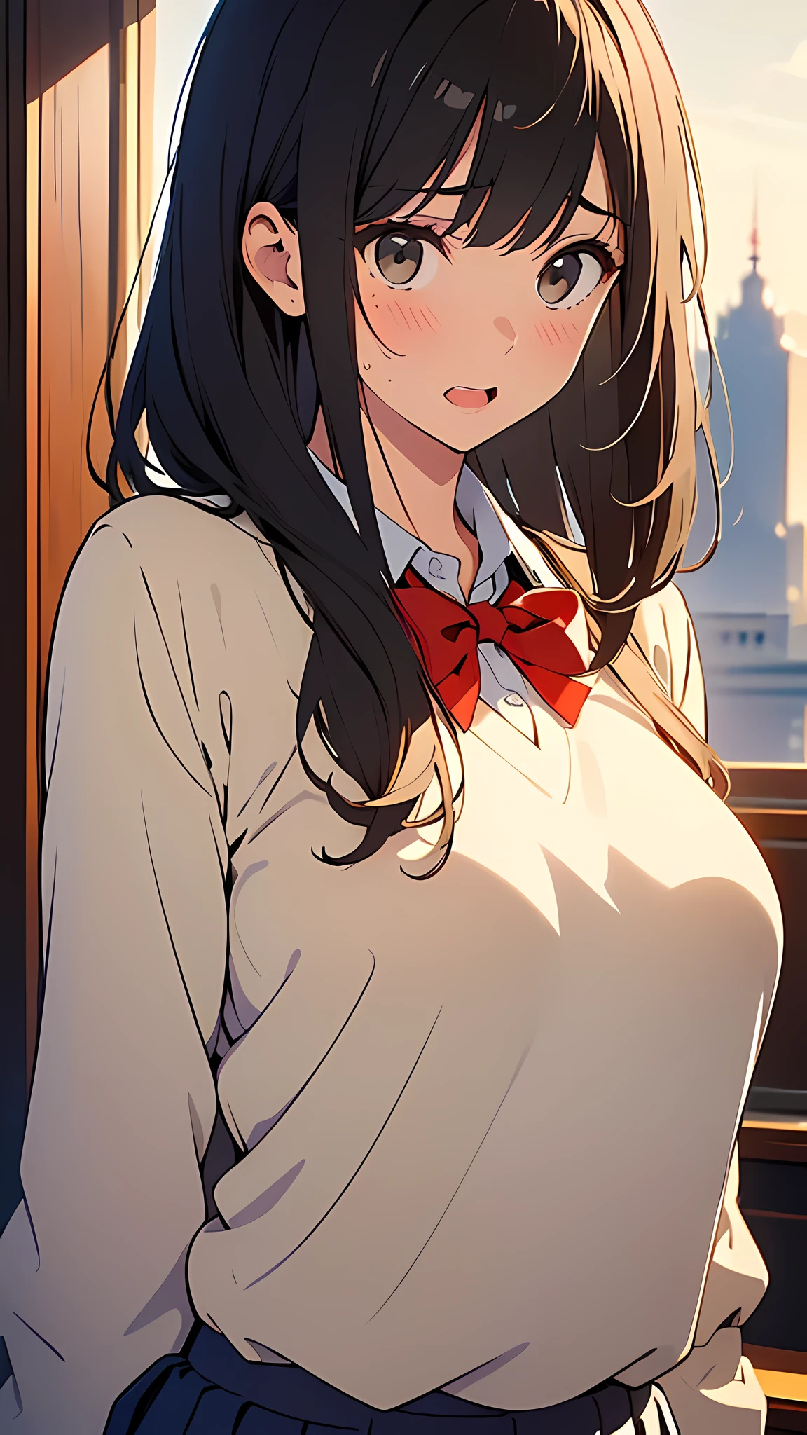 (masterpiece:1.6),(best quality:1.6), (ultra high res1.2),perfect proportion,(dark hair:1), ( black hair:1), (black eyes:1.1),(beautiful Busty breasts:1.2), (beautiful girl:1.4),a girl,(medium bob hair:1.2),a sexy mole around the mouth,open mouth,(aroused:1.4), (embarrassed:1.4),sweat,(beige V Neck Sweater:1.1),(school uniform1),a red Checked bow tie, (upper body shot:1.3)
