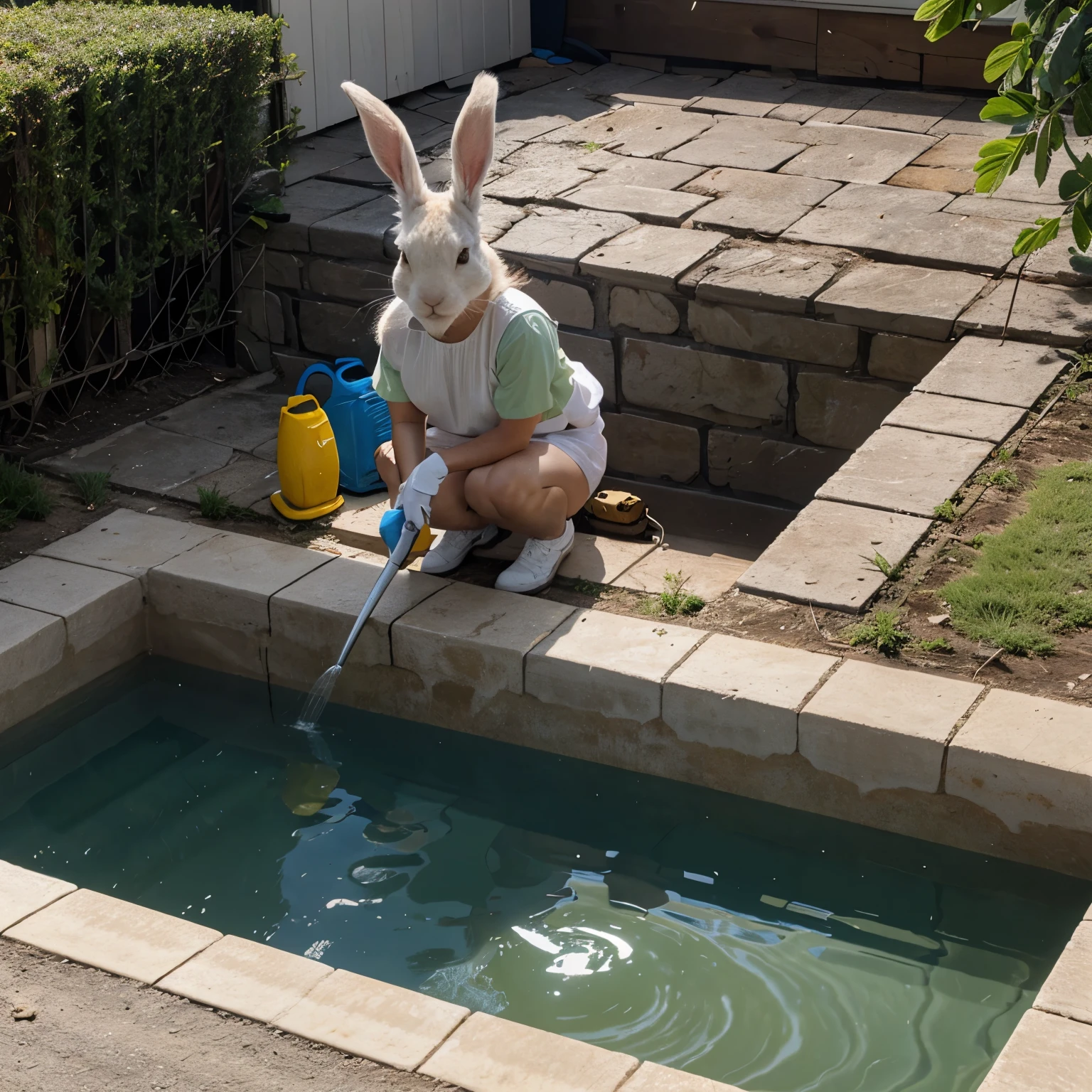 A easter rabbit working on a water ???? on a house, with tools and water, and easter egs