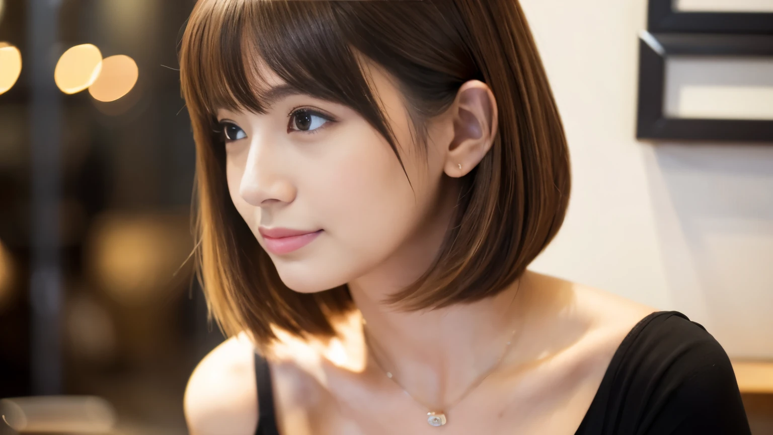 Realistic female beauty salon model,　bob style hairstyle japanese、Inside the cafe,　Japanese idol