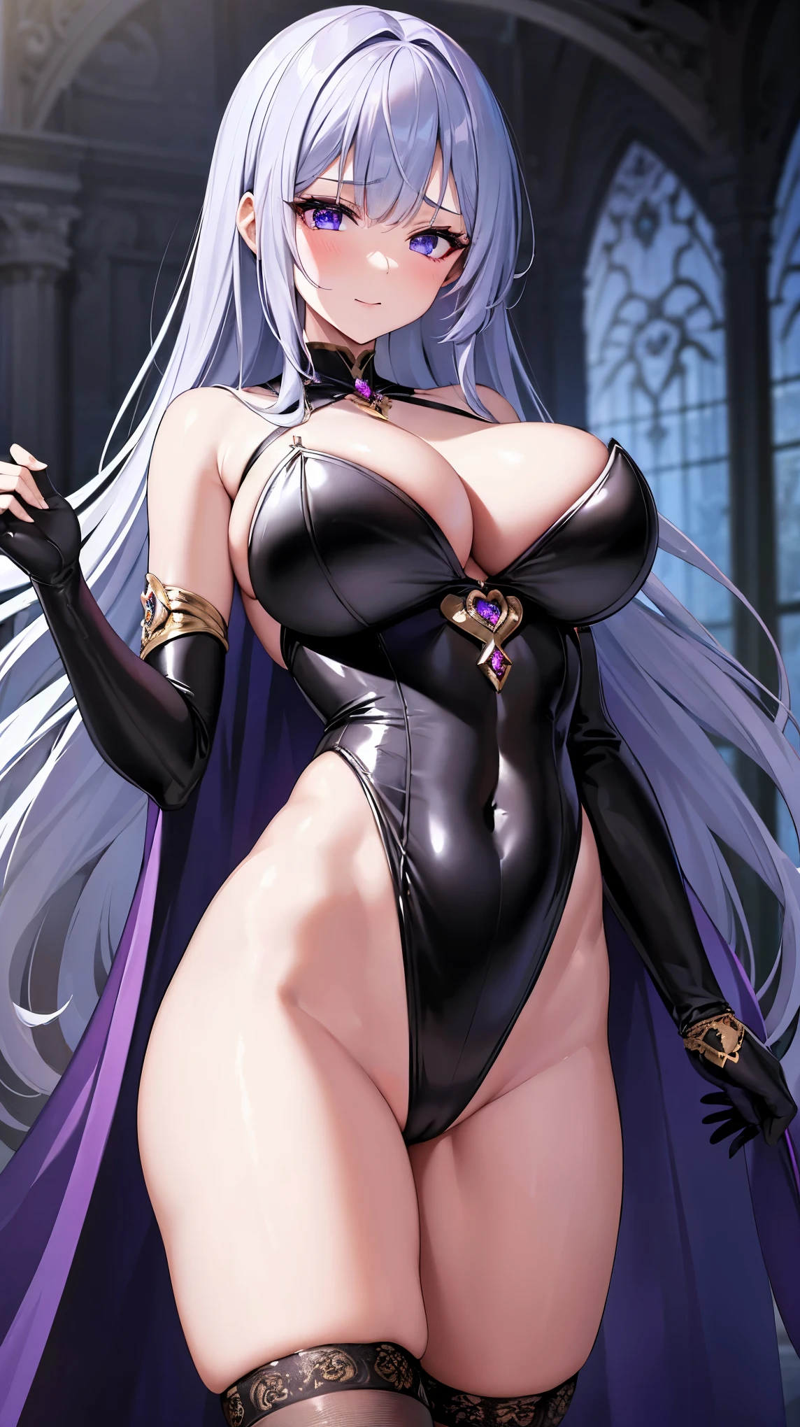 ((masterpiece)), ((best quality)), (ultra-detailed), ((extremely detailed)), 4K, (8K), best quality, (beautiful),One girl, mature woman, goddess, supreme skin, lustrous silver hair, beautiful purple eyes, huge breasts, thick thighs, black satin gloves, black knee highs, black goddess outfit, black leotard, leotard that bites, high leg, panties, magical girl, mysterious, sacred, chaotic, fallen, dark, abyss, dark goddess temple, Gorgeous ornaments, enchanting goddesses, enchanting smiles, cowboy shots, Artistic goddess body, body showing, attractive body, legs lightly open, focus on crotch, low angle