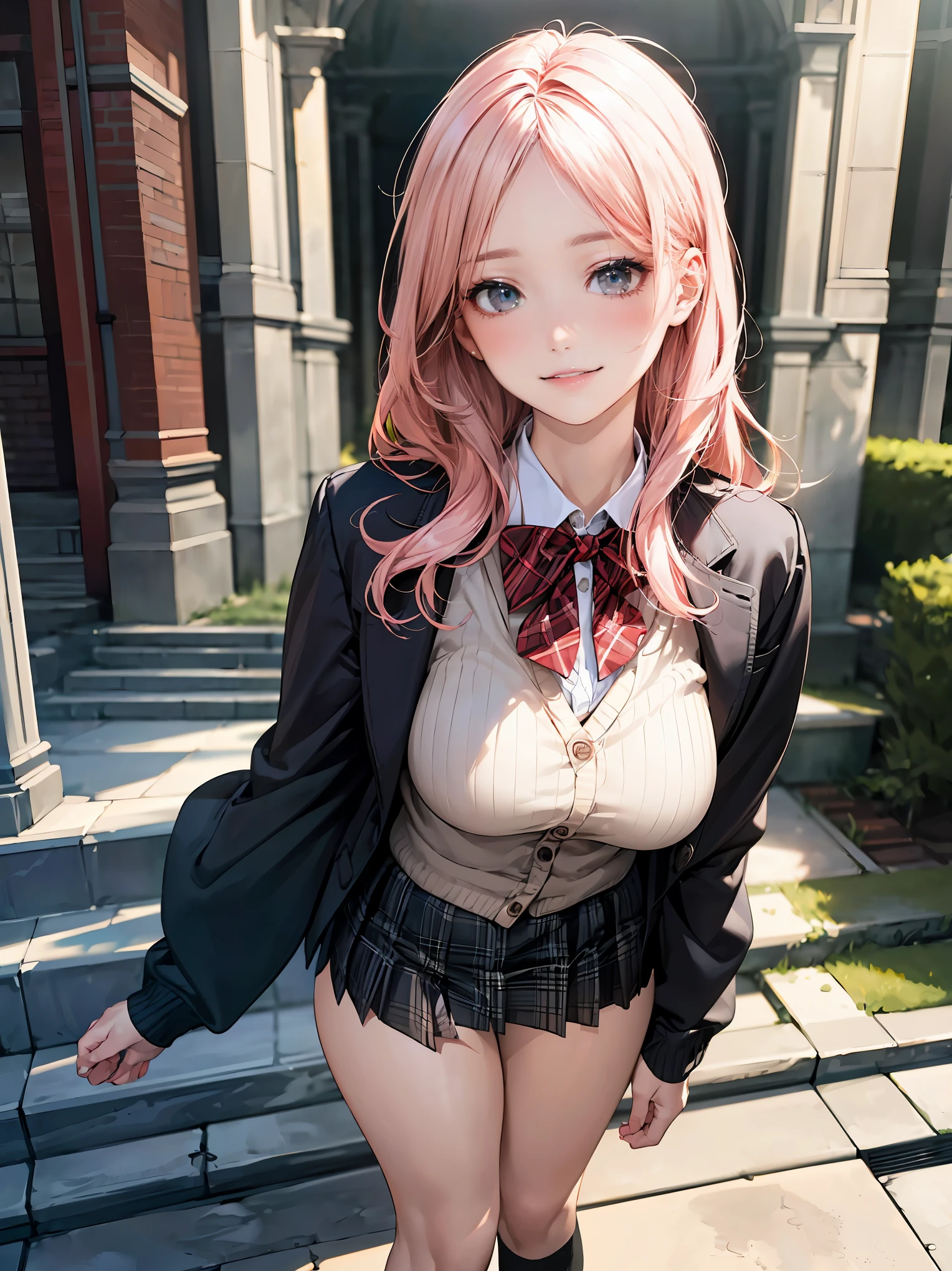 (masterpiece:1.2, highest quality), (realistic, photorealistic:1.4), beautiful illustrations, (natural side lighting, movie lighting), looking at the viewer, Upper body, (Front view), 1 girl, perfect face, Cute symmetrical face, shiny skin, , long eyelashes, (large breasts), (wide hips),beautiful hair, beautiful face, fine and beautiful eyes, beautiful body, beautiful breasts, beautiful thighs, beautiful feet, beautiful fingers,(beautiful scenery),(lovely smile:1.2, upper grade), japanese, high school girl,(long hair:1.8, straight hair:1.7, light pink hair), parted bangs, emerald green eyes, long eye lasher, (thick thighs),full body seen, Dynamic Angle, Perfect body, ((red bowtie, , Black jacket, Open jacket, Brown cardigan, White shirt, Black skirt, plaid skirts)), City staircase,(Looking up from the bottom of the stairs),Very embarrassing panic smile,turned around,(bending forward:1.4),