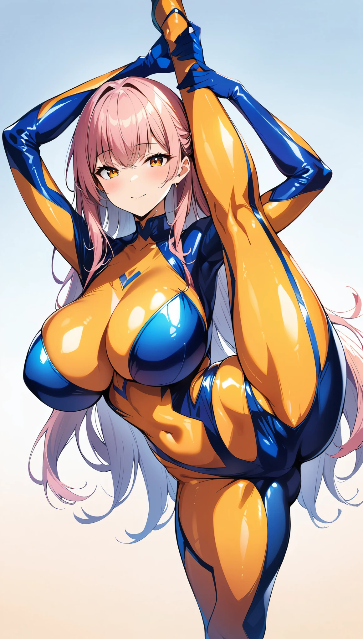 1girl, solo,standing_split,full body, (masterpiece, best quality:1.2), Beautiful woman wearing a glossy enamel bodysuit, Glossy colored ink bodysuit, giga_busty