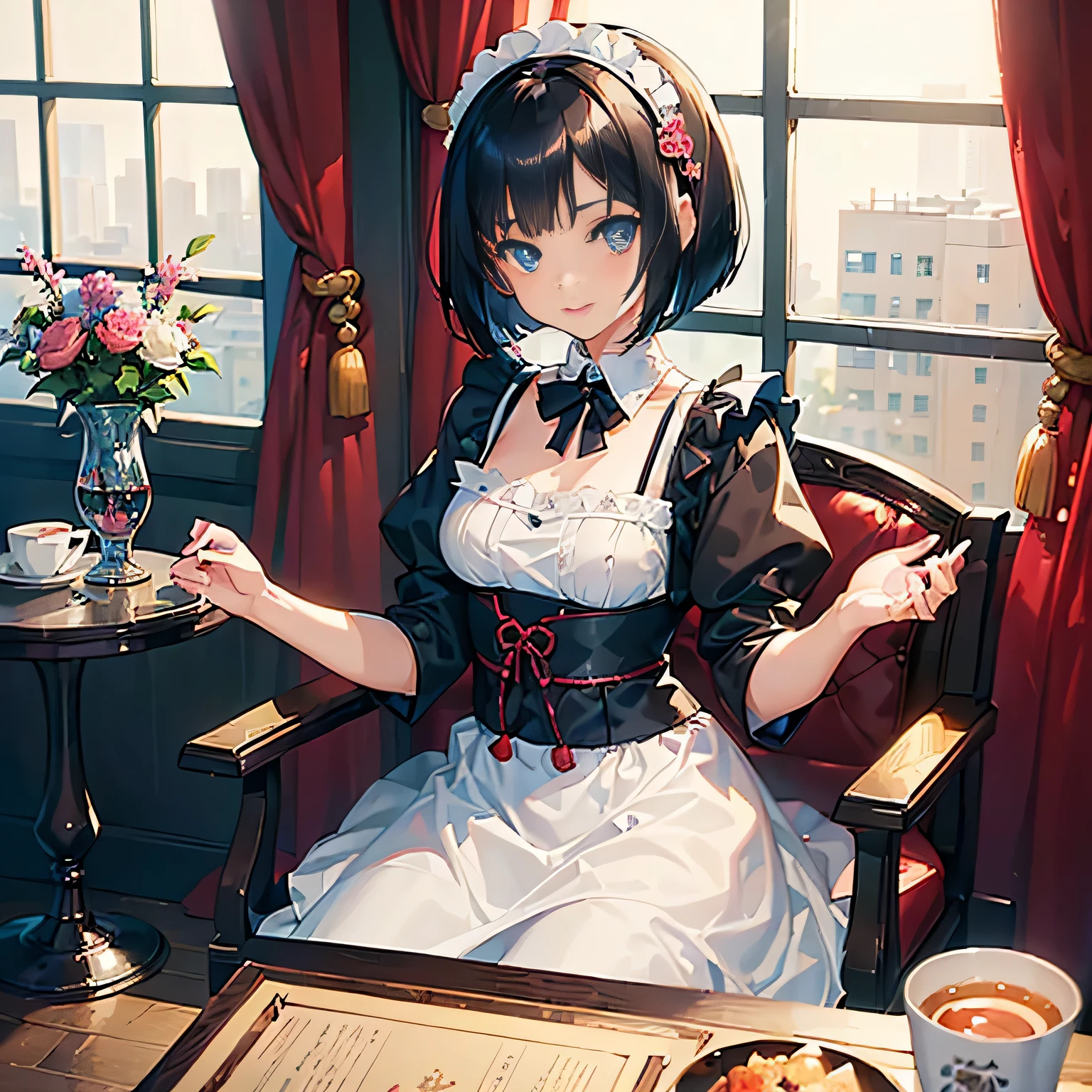 ((1girl,cute,japanese,young,short beautiful black hair,bob cut,beautiful blue eyes)),(solo),(gothic lolita),((masterpiece, highest resolution,best quality)), (beautiful illustration), (looking at the viewer), innocent smile,beautiful modern maid cafe,big city,table,chair,window,flowers,