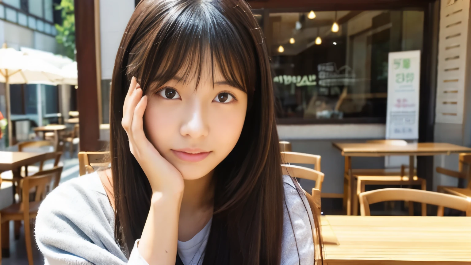 super high quality、natural brightness、日本の若いbeautiful girl、beautiful girl、Strong sadness、sit in a cafe、straight long hair、neat and clean clothes、beautiful skin quality