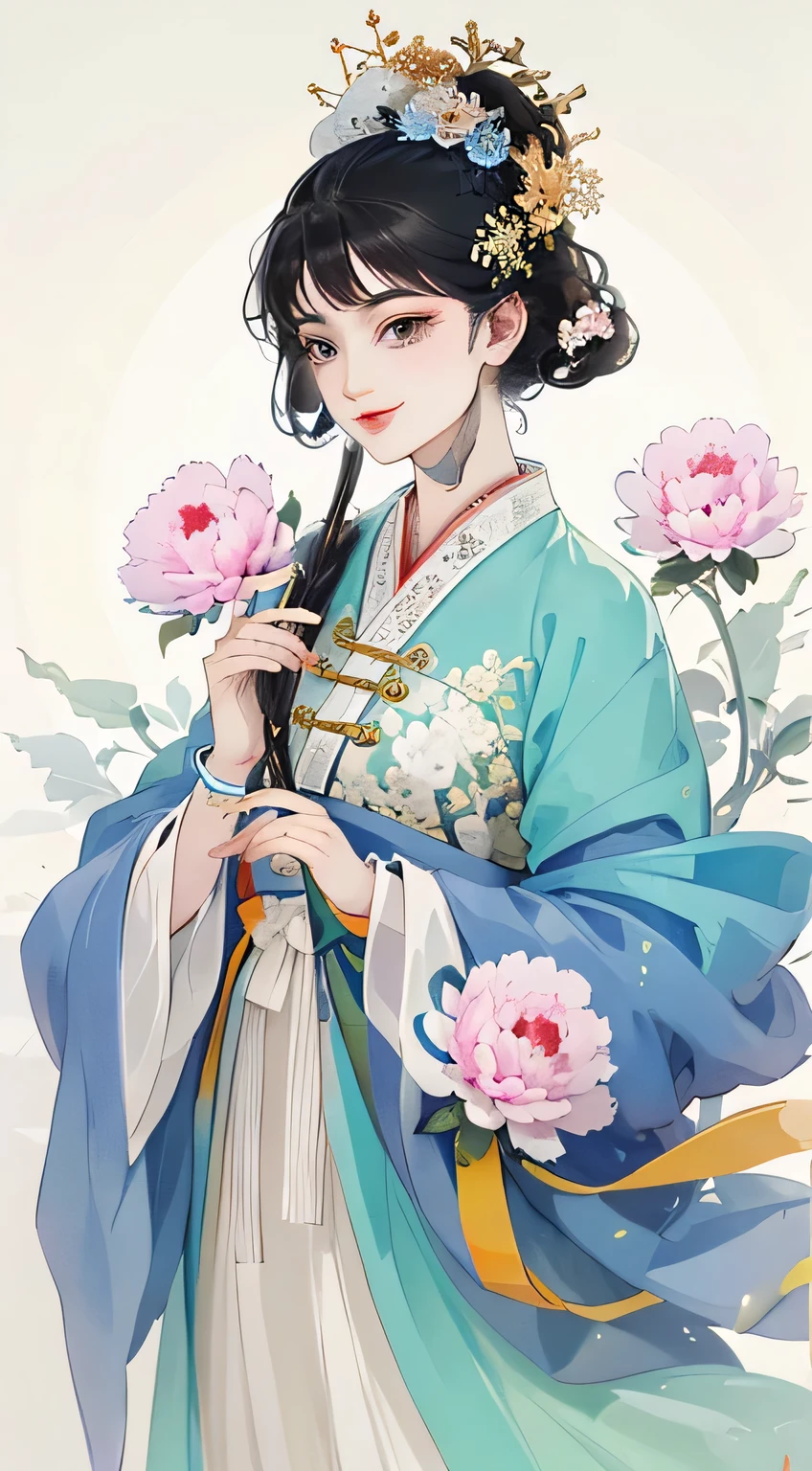 A cheerful elegant 16 years old beauty, smart and confident, dignified and courteous, wearing pastel-colored ancient Chinese clothing, no hand only sleeves, lazy pose, flowing tulle, light bright color silk, big peony leaf, peony flower, ink painting style, clean color, decisive cut, blank space, masterpiece, super detailed , epic composition, bright background