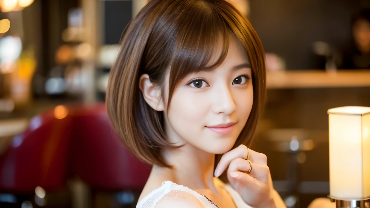 Realistic female beauty salon model,　bob style hairstyle japanese、Inside the cafe,　Japanese idol