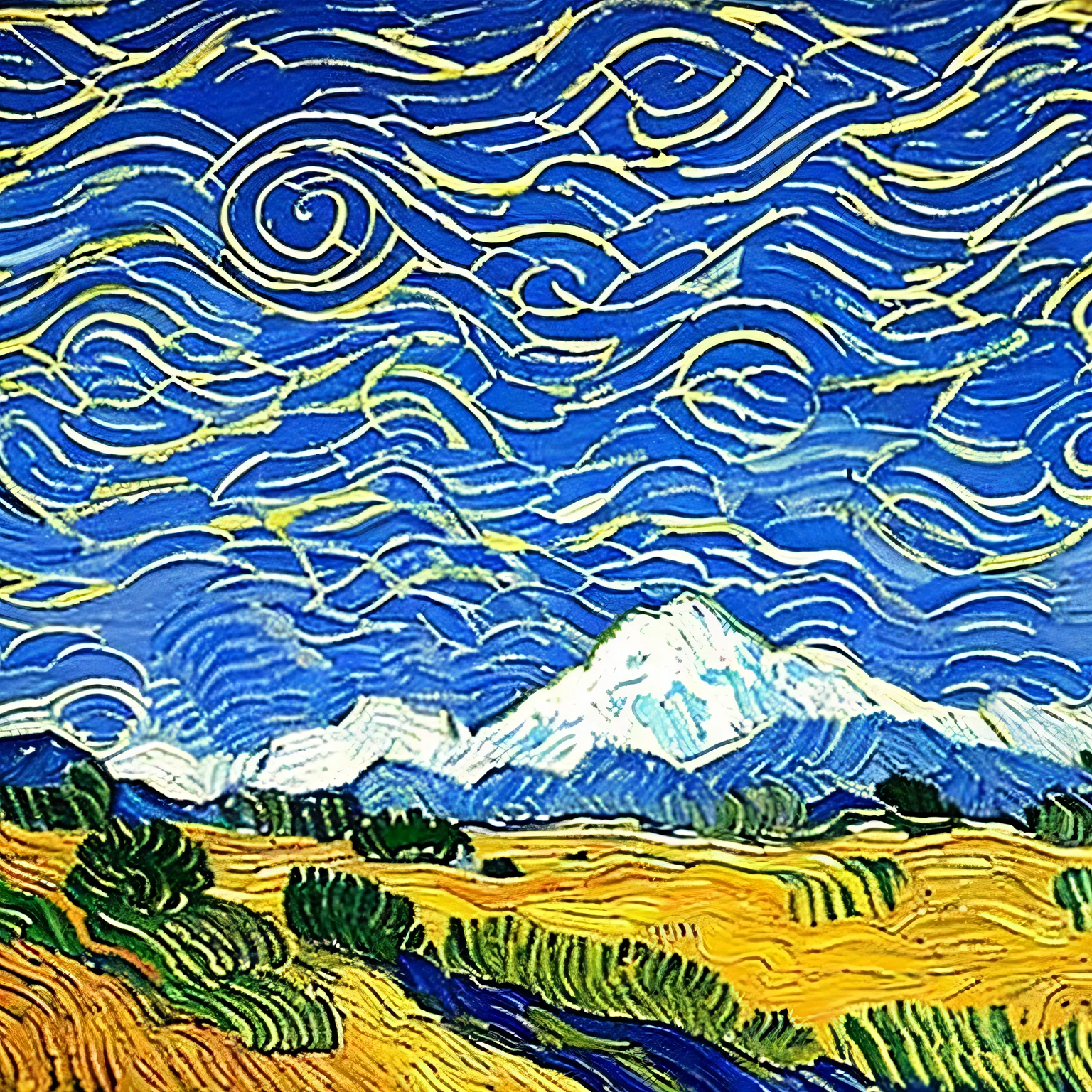 Van Gogh's painting, navy, light blue, tangerine, white, Red, According to these colors, draw a picture, light and shadow, HD, Mountain, landscape, visual design